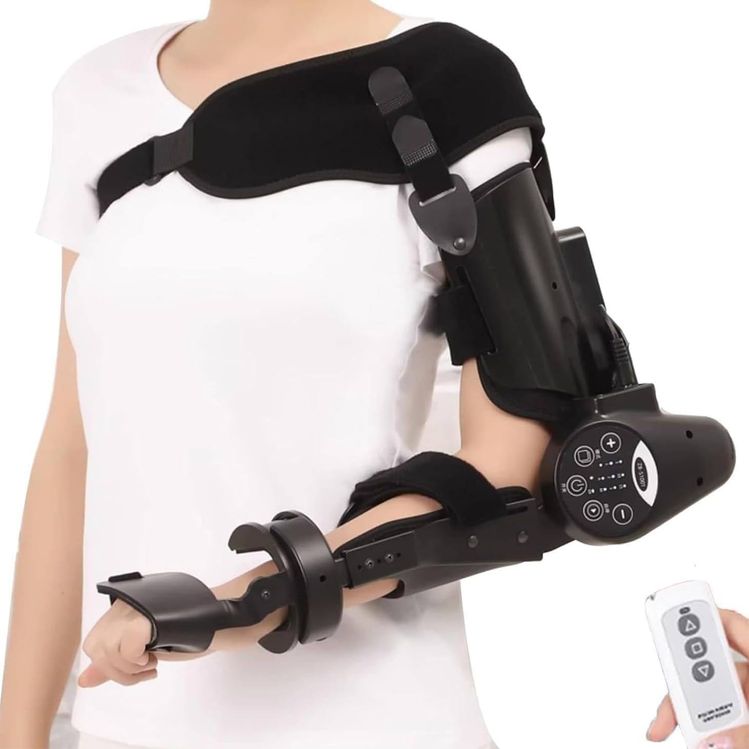 Hinged Elbow Brace Arm Exerciser Stroke rehabilitation arm elbow protector hemiplegic robot training device elbow joint recovery device (Black, One Size, Right)