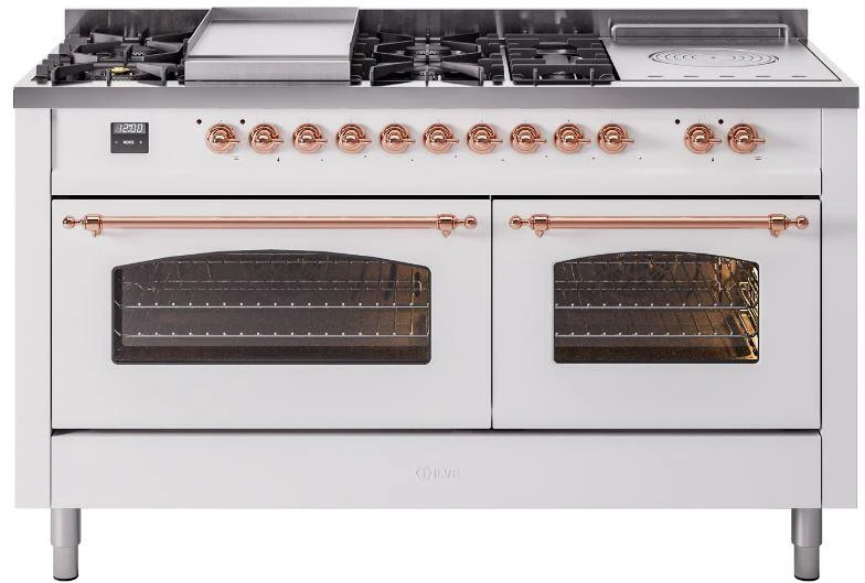 ILVE Nostalgie II 60-Inch Dual Fuel Range with 7 Burners, Griddle, & French Top with Triple Glass Door Oven in White with Copper Trim (UP60FSNMPWHP)