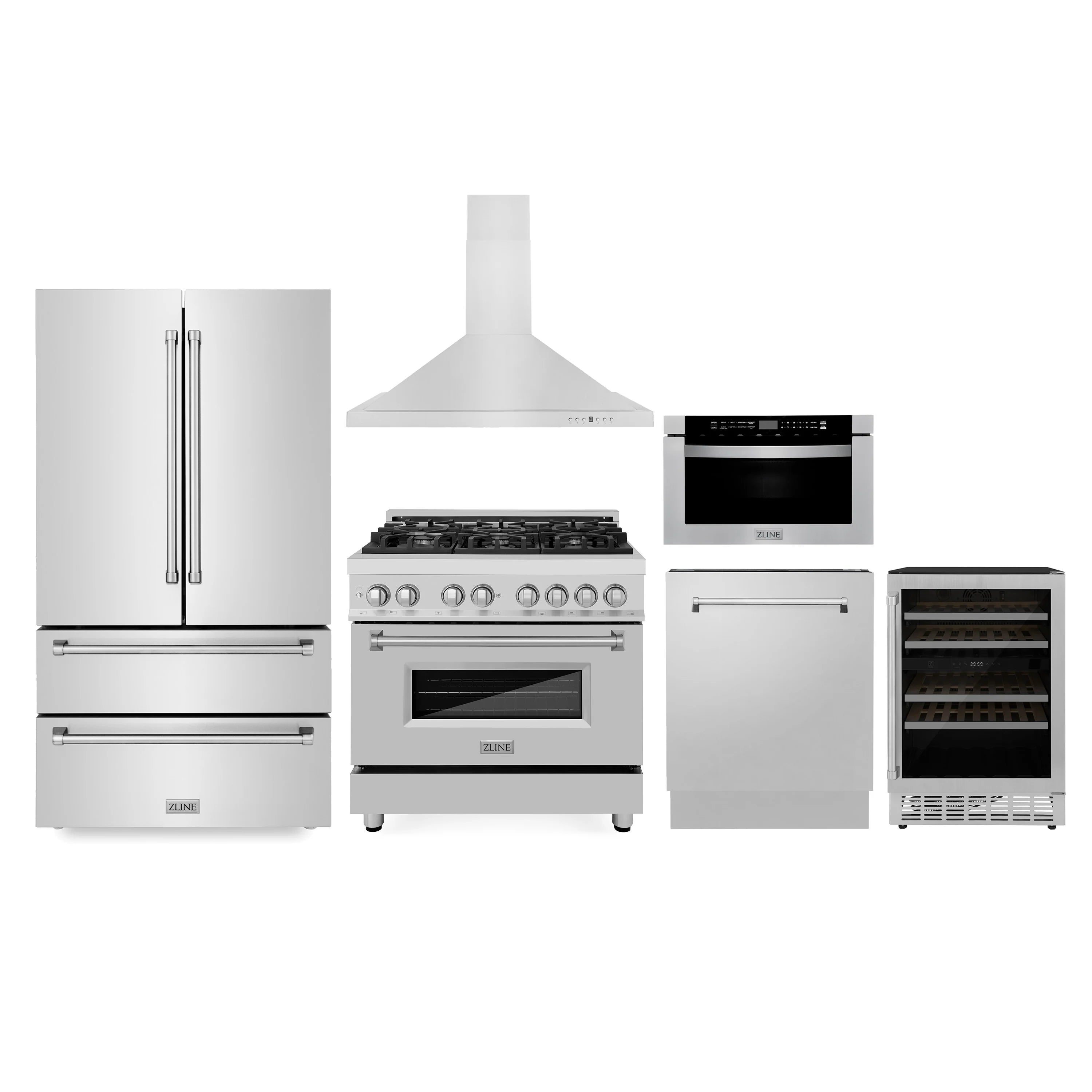 ZLINE Appliance Package - 36-Inch Dual Fuel Range, Refrigerator, Range Hood, Microwave Drawer, Tall Tub Dishwasher and Wine Cooler (6KPR-RARH36-MWDWV-RWV)