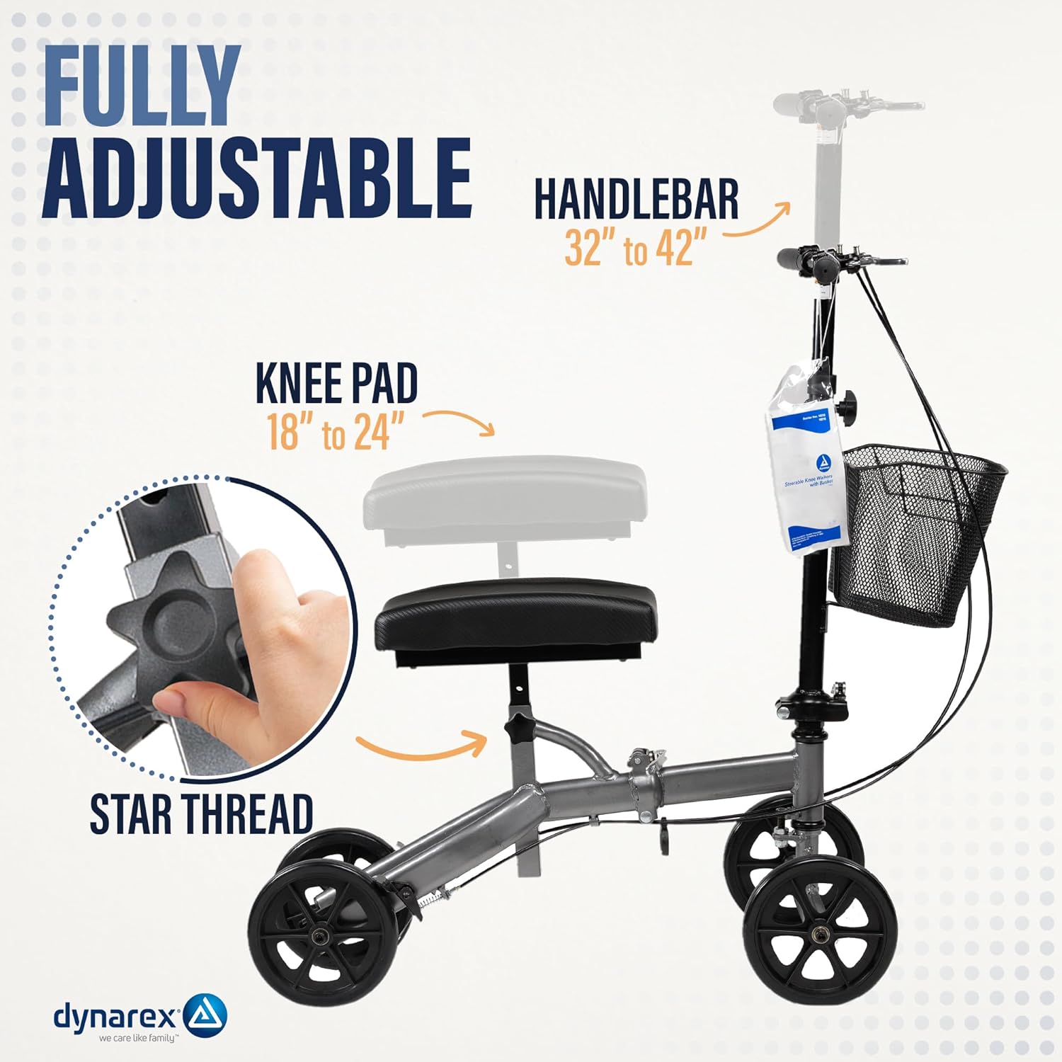 Dynarex Steerable Knee Walker with Basket - Compact