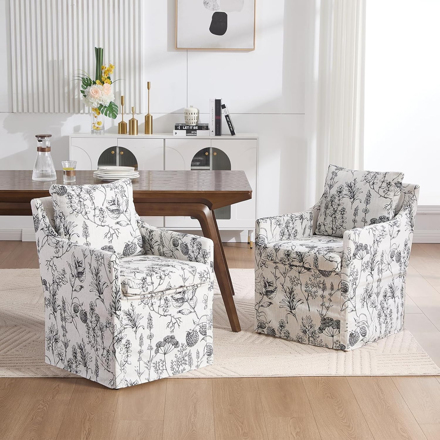 Kmax Slipcovered Dining Chairs Set of 2, Modern Upholstered Barrel Kitchen & Dining Room Chairs with Arms, Accent Single Sofa Chair for Living Dining Room, Floral Pattern