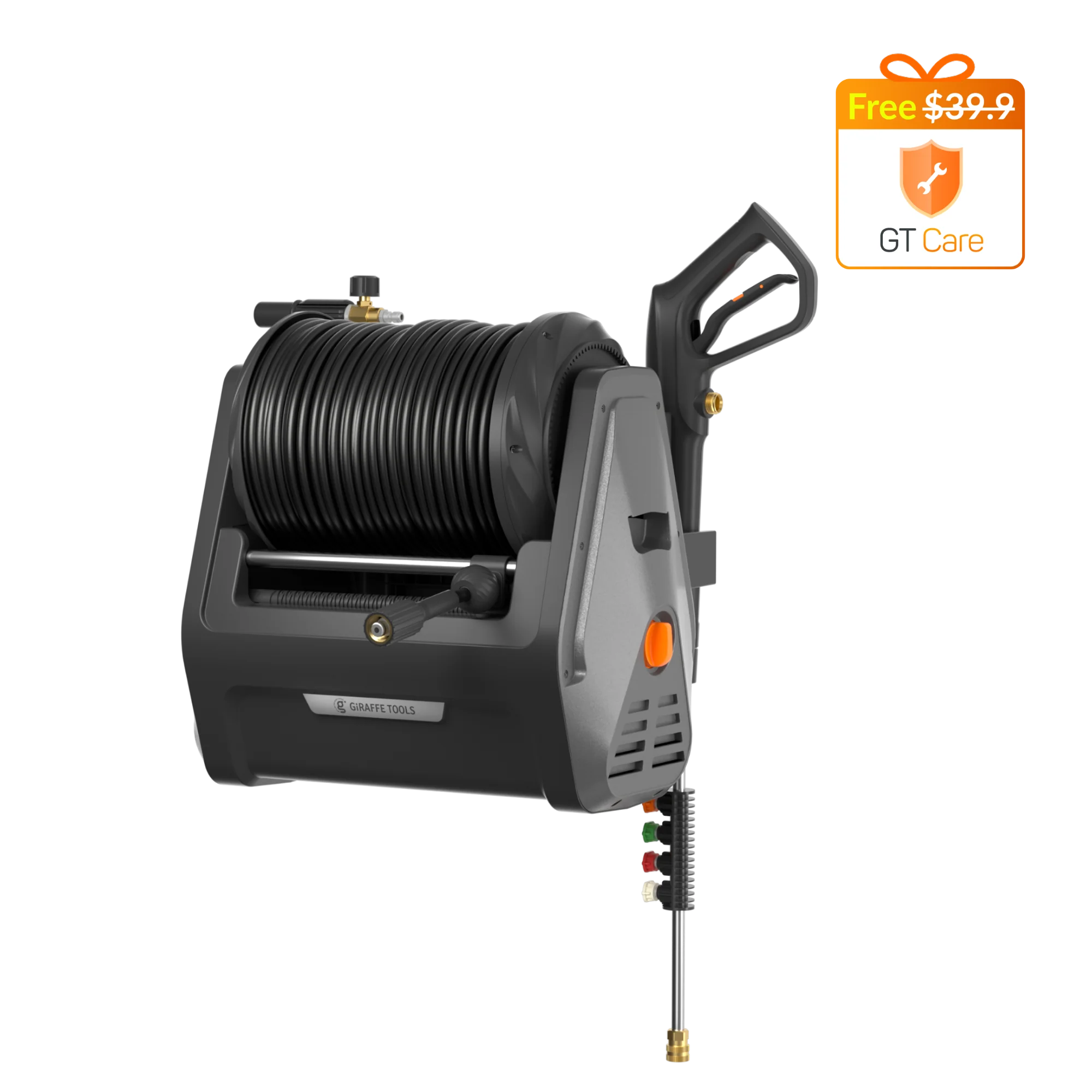 Giraffe Tools Grandfalls Essential Retractable Pressure Washer, 2900 PSI and 100ft Premium Hose (HP135-G30B)