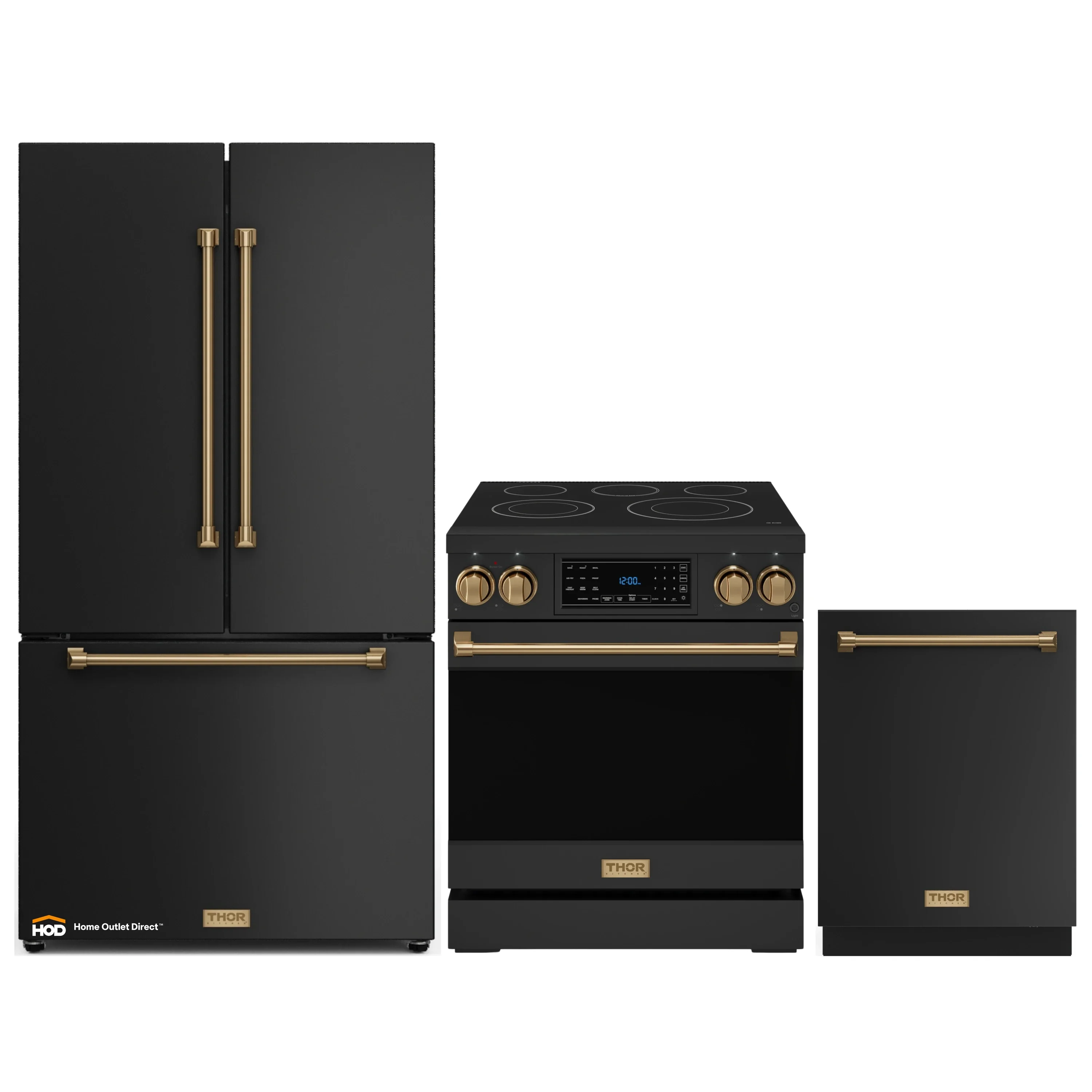 Gordon Ramsay by Thor Kitchen 3-Piece Appliance Package - 30-Inch Electric Range with Tilt Panel Touch Control, 36-Inch Refrigerator, and Dishwasher in Black with Bronze Trim