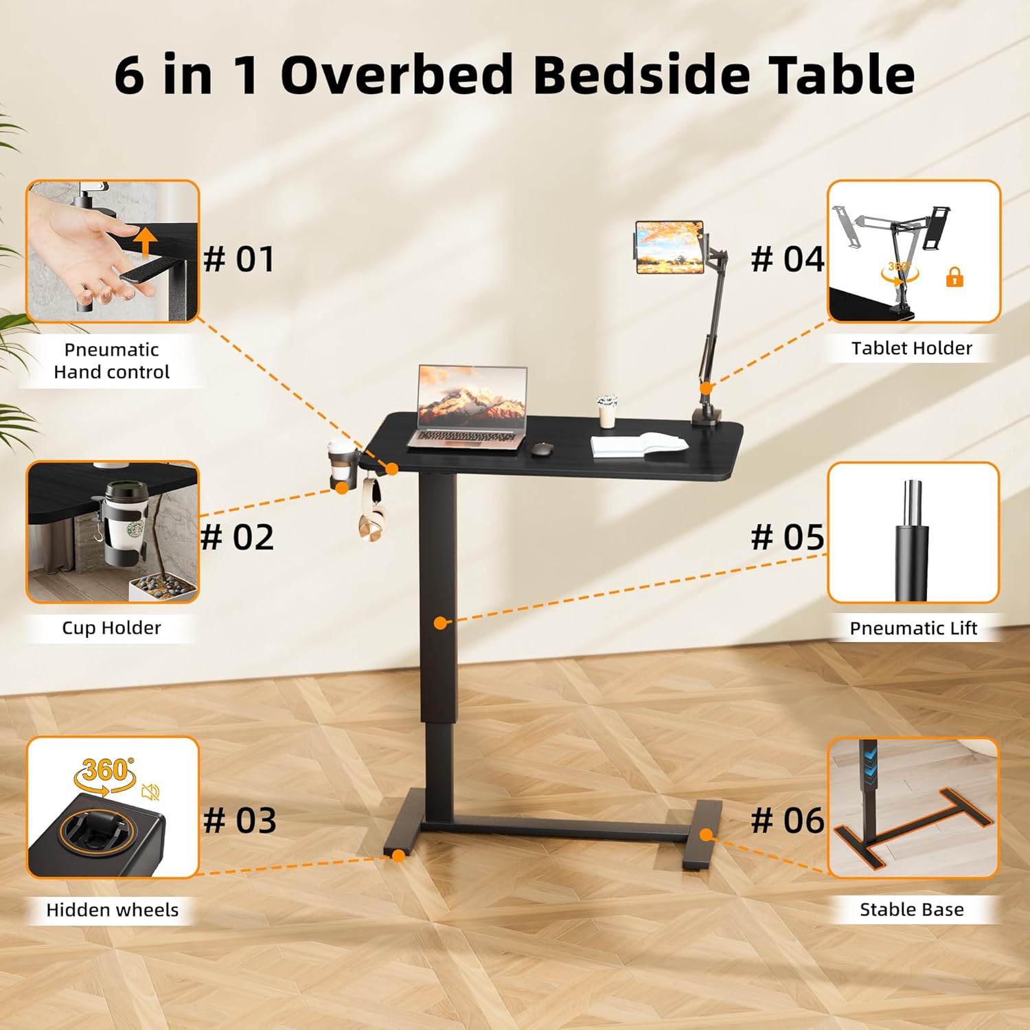 Adjustable Overbed Bedside Table with Wheels(31.2