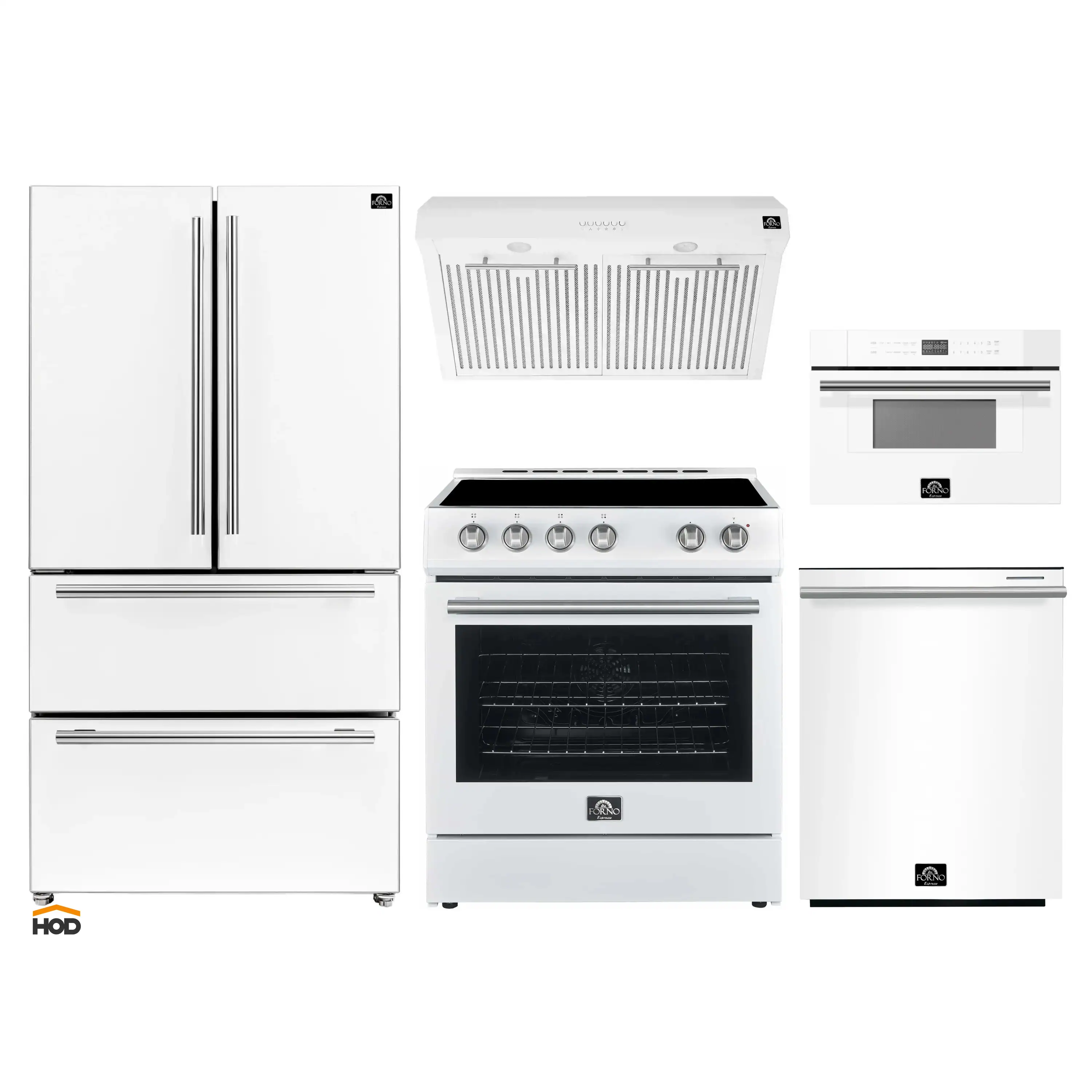 Forno 5-Piece Appliance Package - 30-Inch Electric Range, Under Cabinet Range Hood, French Door Refrigerator, Dishwasher, and 30-Inch Microwave Drawer in White with Stainless Steel Trim