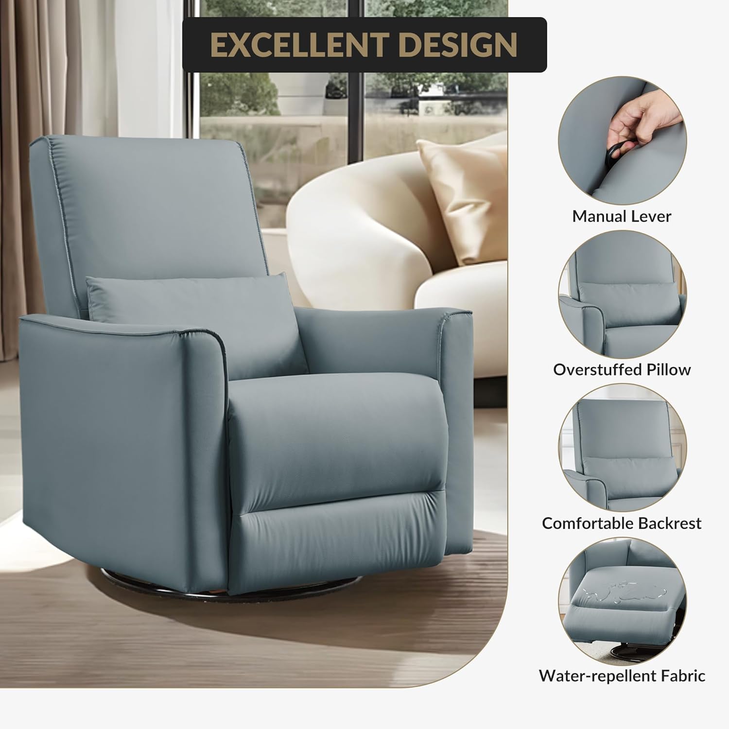 Swivel Rocking Recliner Chair, Manual Recliner with Lumbar Support & Padded Armrest, Comfortable Nursery Rocking Chair and Glider for Living Room, Bedroom (Gray)