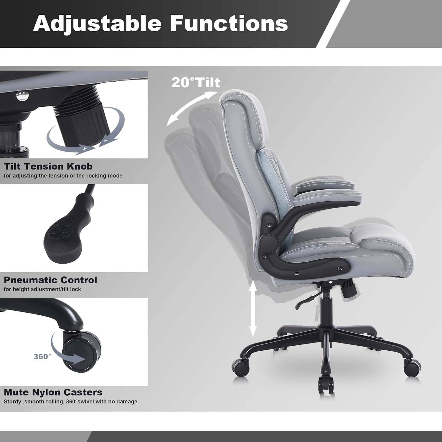Youhauchair Executive Office Chair, Ergonomic PU Leather Computer Desk Chair with Lumbar Support, Flip-up Armrests and Adjustable Height, for Home Office, Grey