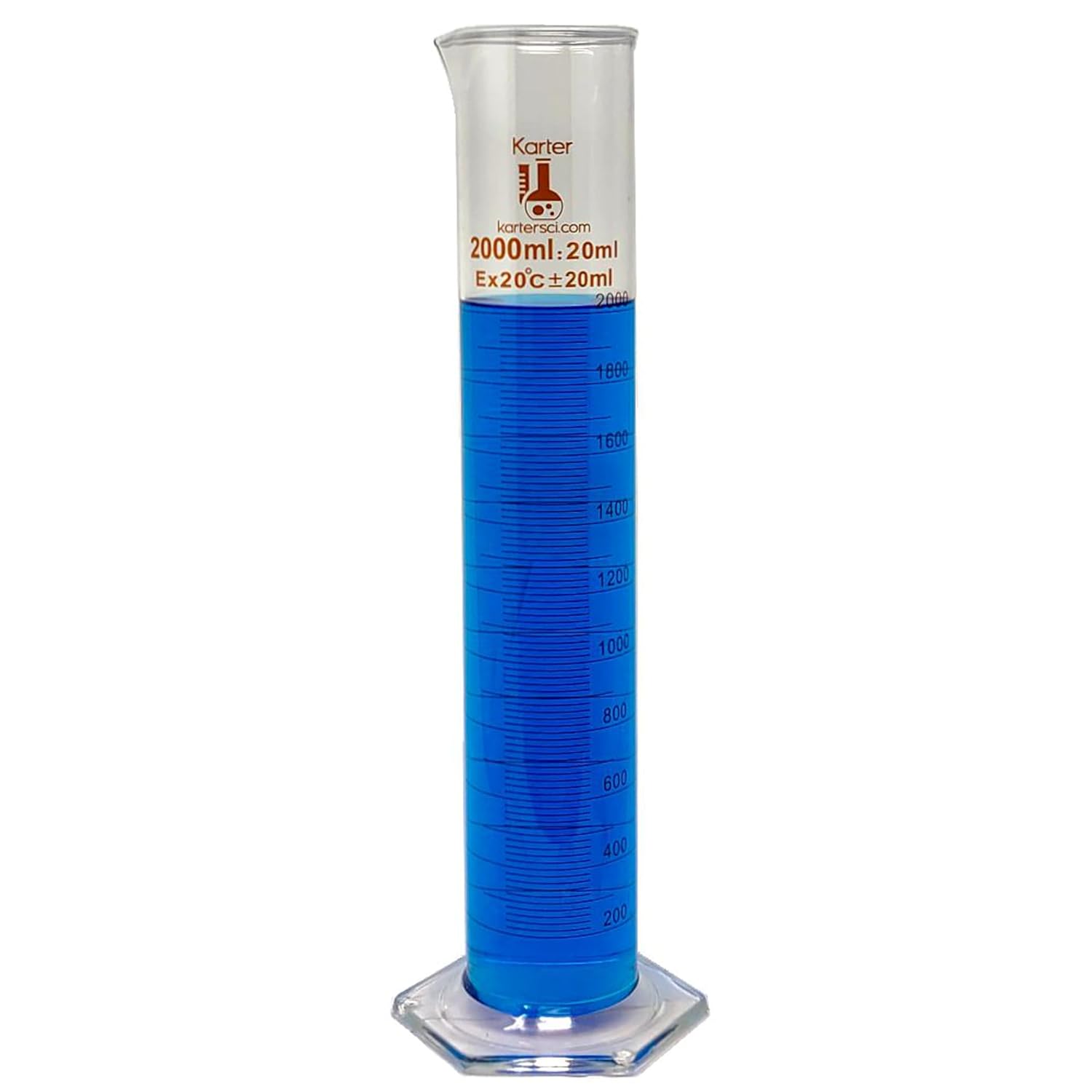 2000ml Graduated Cylinder, 3.3 Borosilicate Glass, Single Metric Scale, Karter Scientific 246M5 (Case of 4)