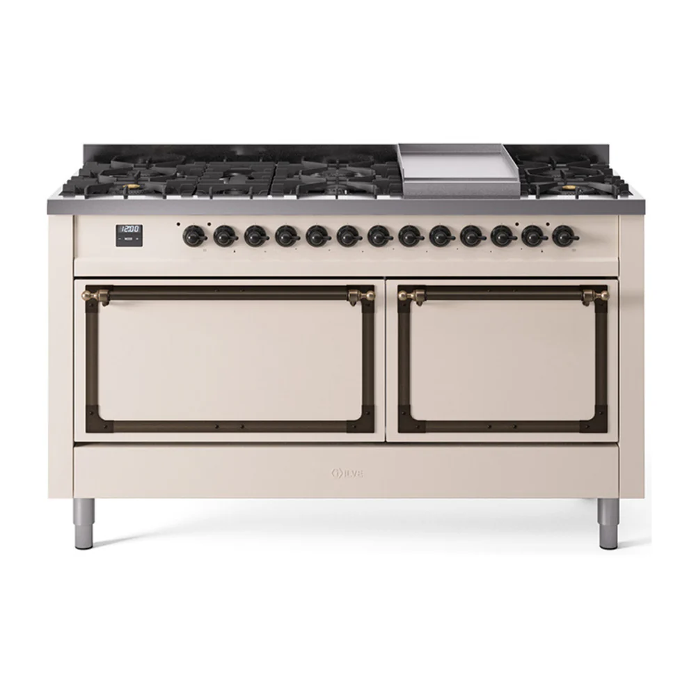 ILVE 60-Inch Nostalgie II Noblesse Dual Fuel Range with 9 Sealed Burners, Griddle, and Solid Door Oven in Antique White with Bronze Trim (UN60FQNMPAWB)