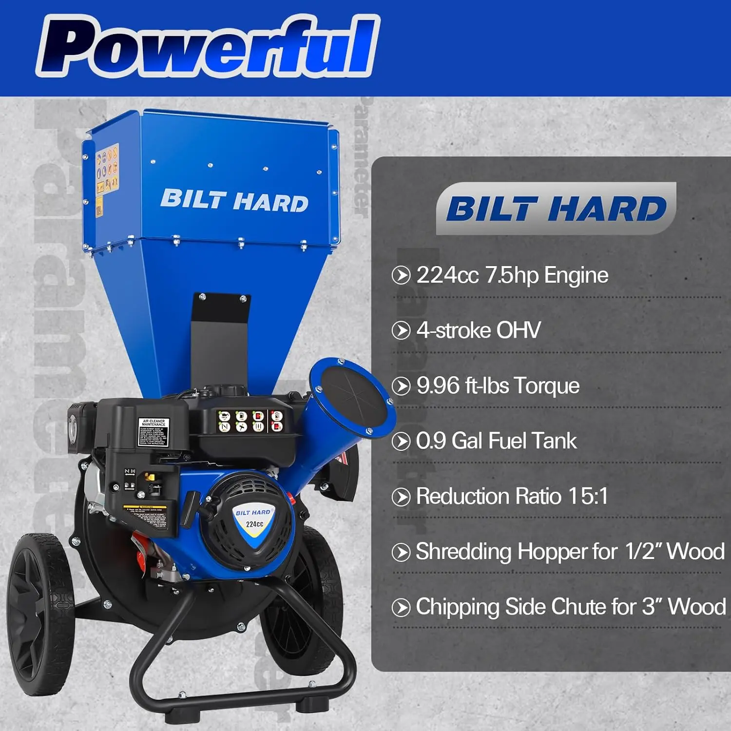 BILT HARD 3 inch Gas Powered Wood Chipper 224cc 7.5hp