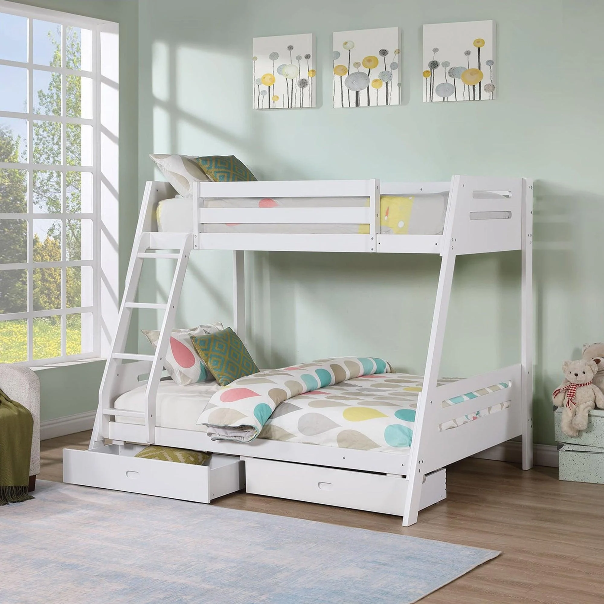 Parrot Uncle Solid Wood Twin / Full Bunk Bed with Reversible Angled Ladder and Underbed Drawers