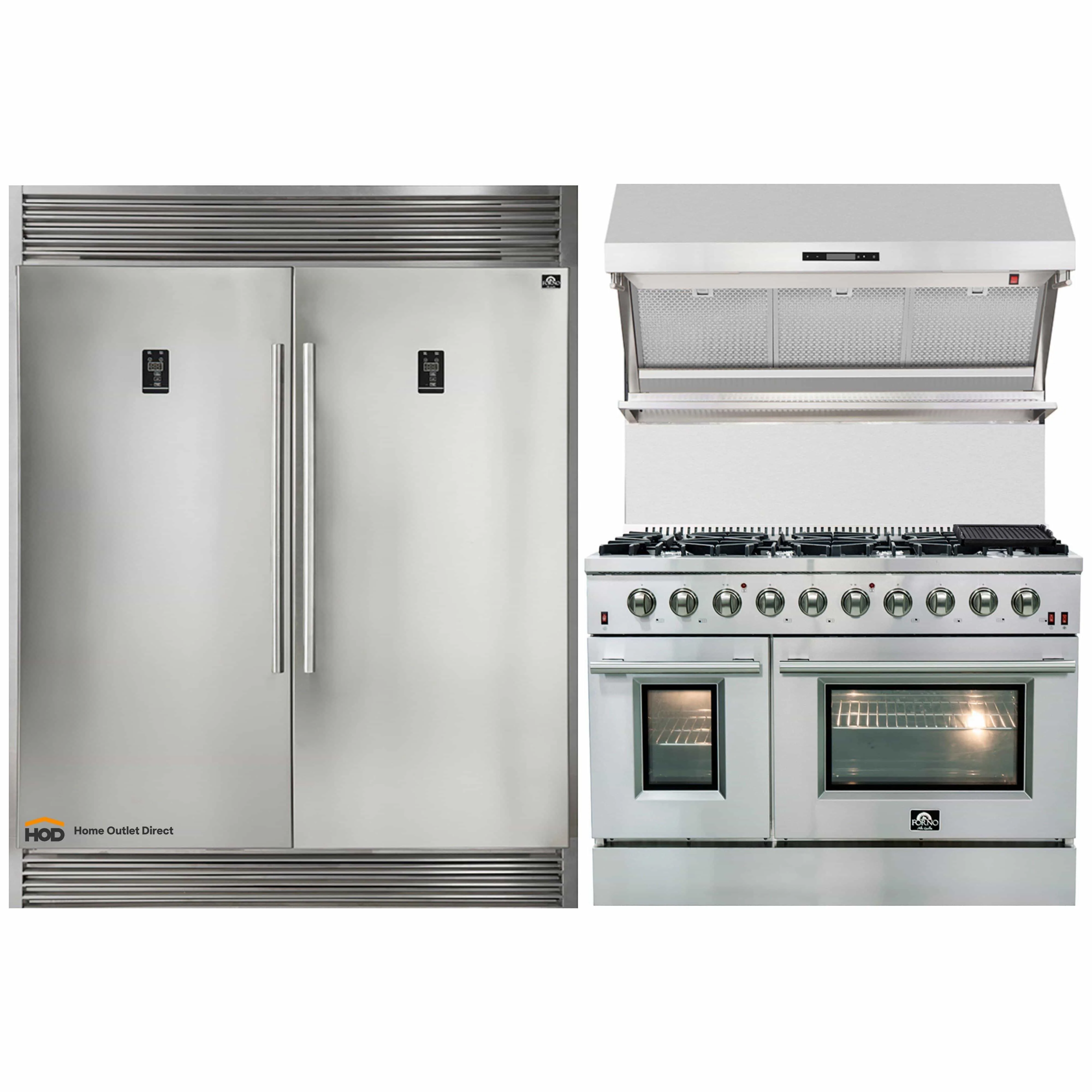 Forno 3-Piece Appliance Package - 48-Inch Gas Range, 60-Inch Pro-Style Refrigerator & Wall Mount Hood with Backsplash in Stainless Steel (FBDL-018-02US)