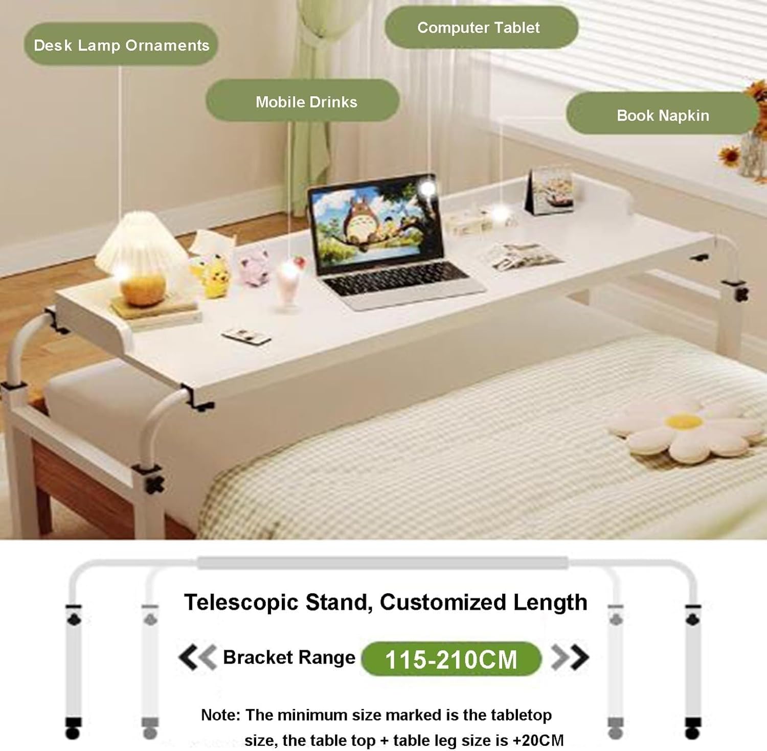 Overbed Table with 4 Wheels, Over Bed Desk Height Adjustable 65-95cm Rolling Medical Table Overbed Table Computer Workstation Overbed Table for Twin/Full/Queen/King Size Bed Frame