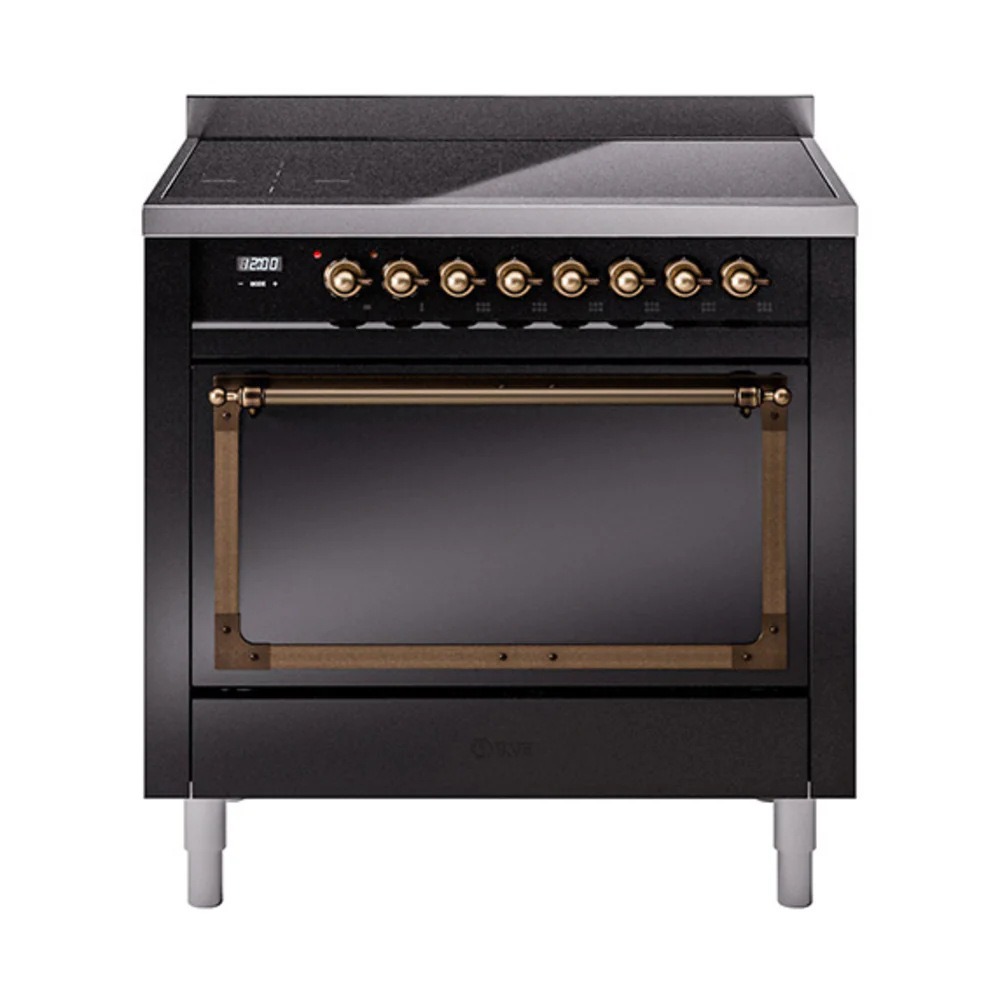 ILVE Nostalgie II Noblesse 36-Inch Induction Range with Solid Door in Glossy Black with Bronze Trim (UNI366QNMPBKB)