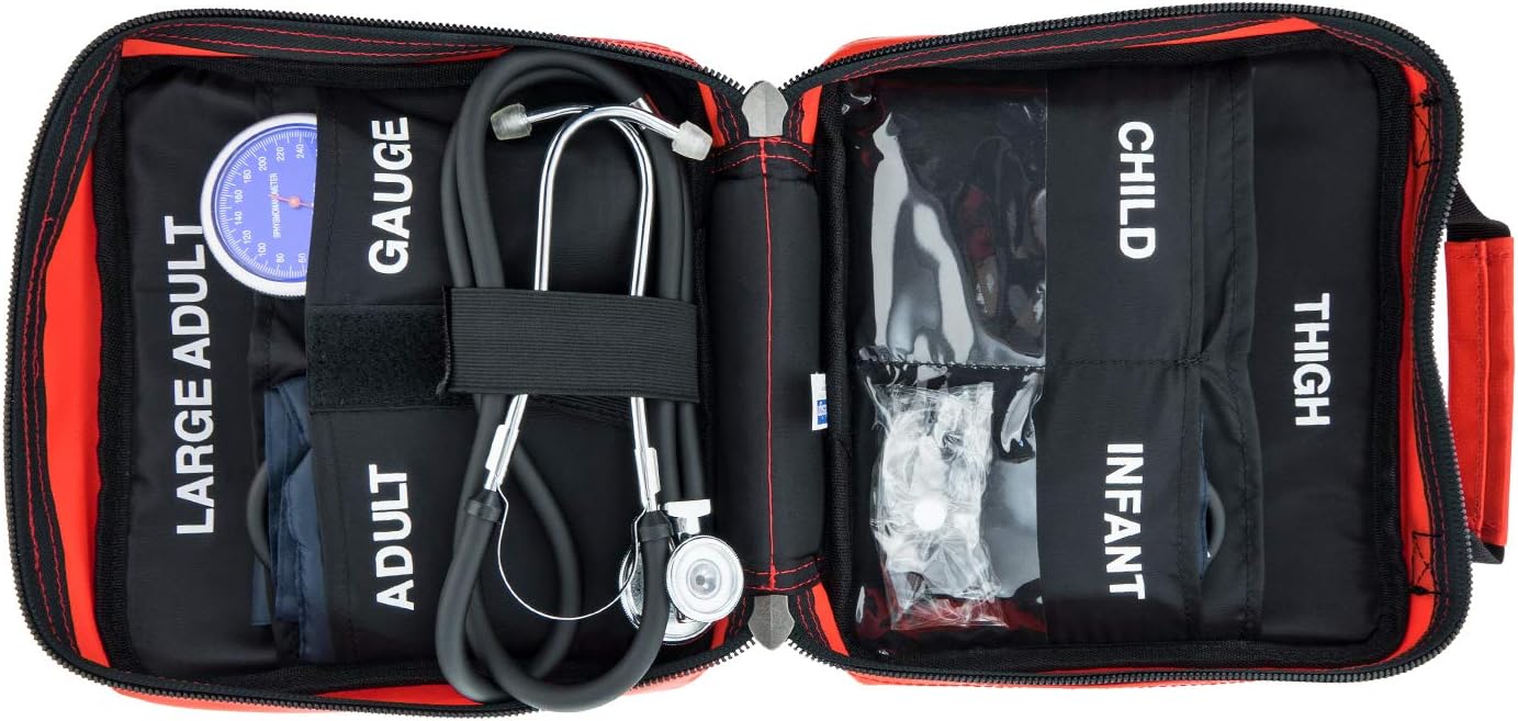 LINE2design Manual BP Cuff Kit 5 Infant Child Adult Large Adult & Thigh - EMS Deluxe Aneroid Sphygmomanometer Blood Pressure Monitor Set + Stethoscope with Carrying Case – Red
