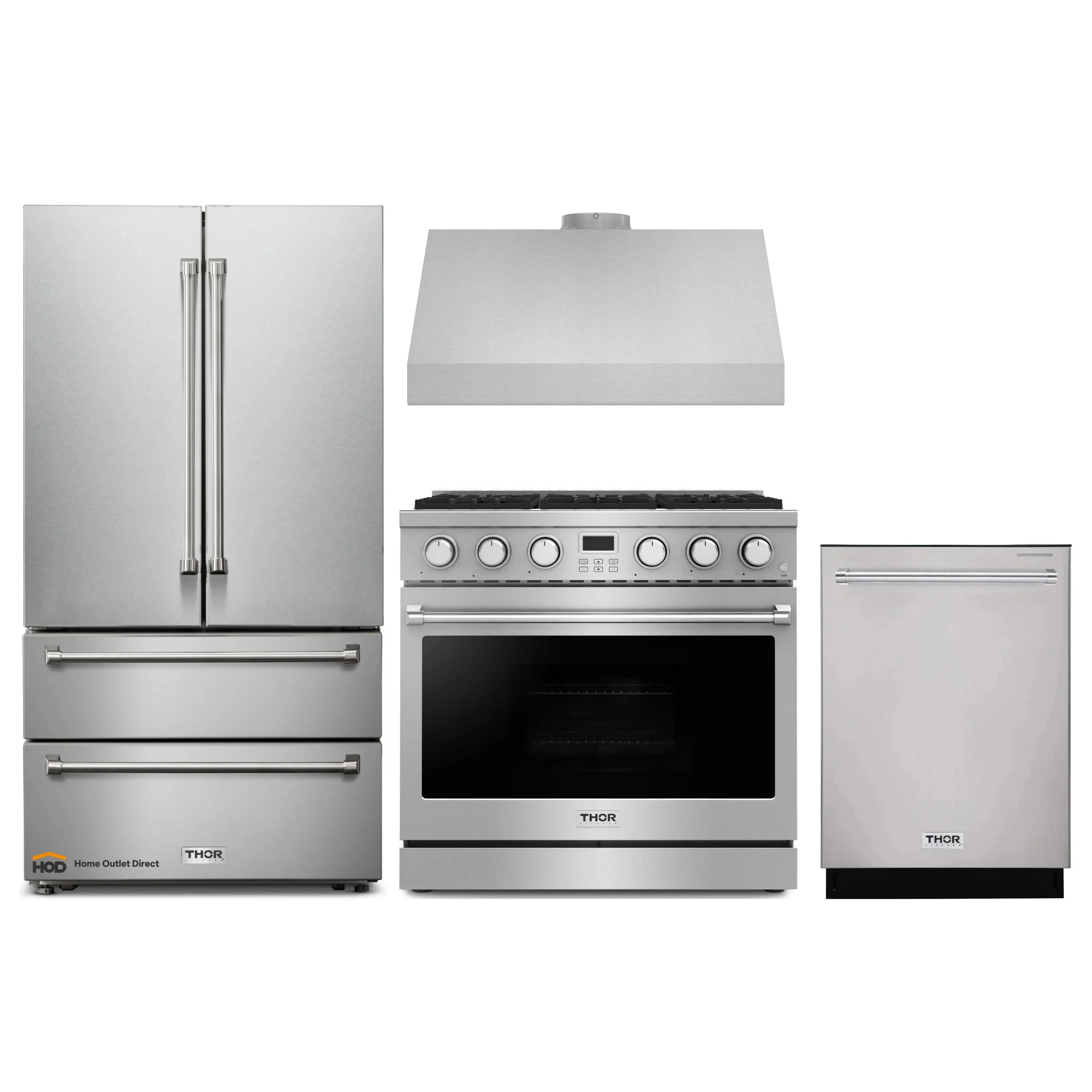 Thor Kitchen A-Series 4-Piece Appliance Package - 36-Inch Electric Range, Under Cabinet Range Hood, Refrigerator, and Dishwasher in Stainless Steel