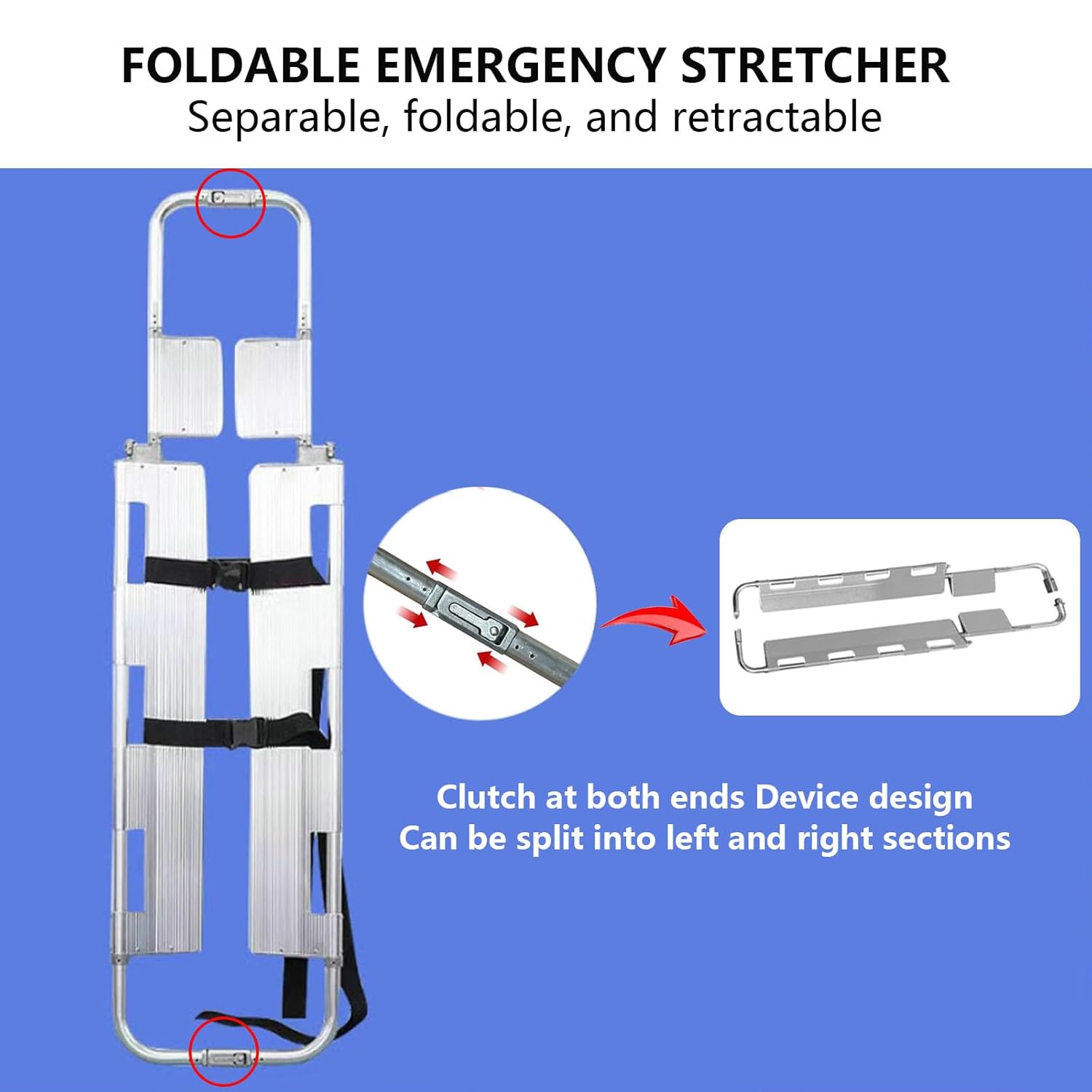 Adjustable Length Aluminum Alloy Scoop Stretcher Foldable Medical Stretcher with Safety Strap Left Right Sides Can Be Separated Suitable for Accident Scenes and Sudden Illnesses Yellow