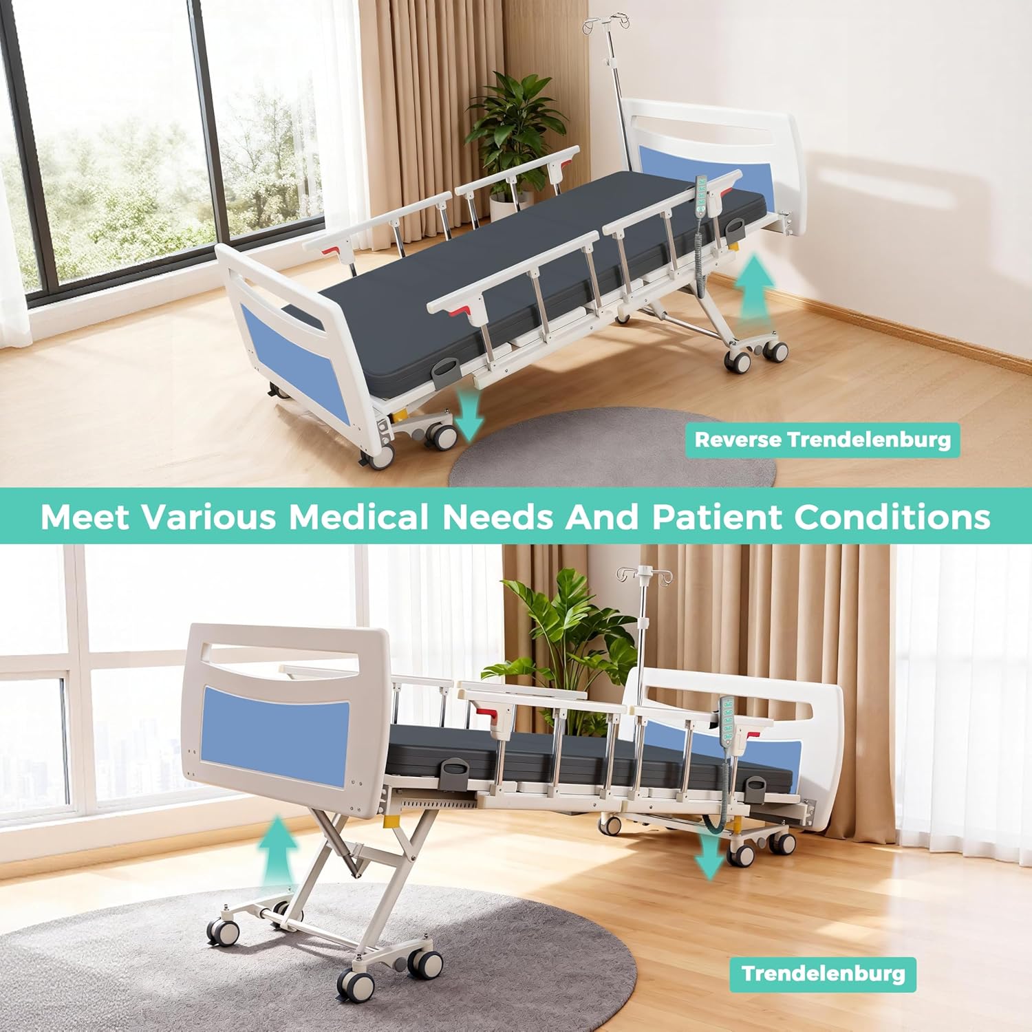 Premium Ultra Low 5 Functions Full Electric Hospital Bed,Adjustable Height ICU Medical Bed for Home Use with Advanced Germany Motor,Waterproof Mattress,Locking Casters,IV Pole,550LBS Loading