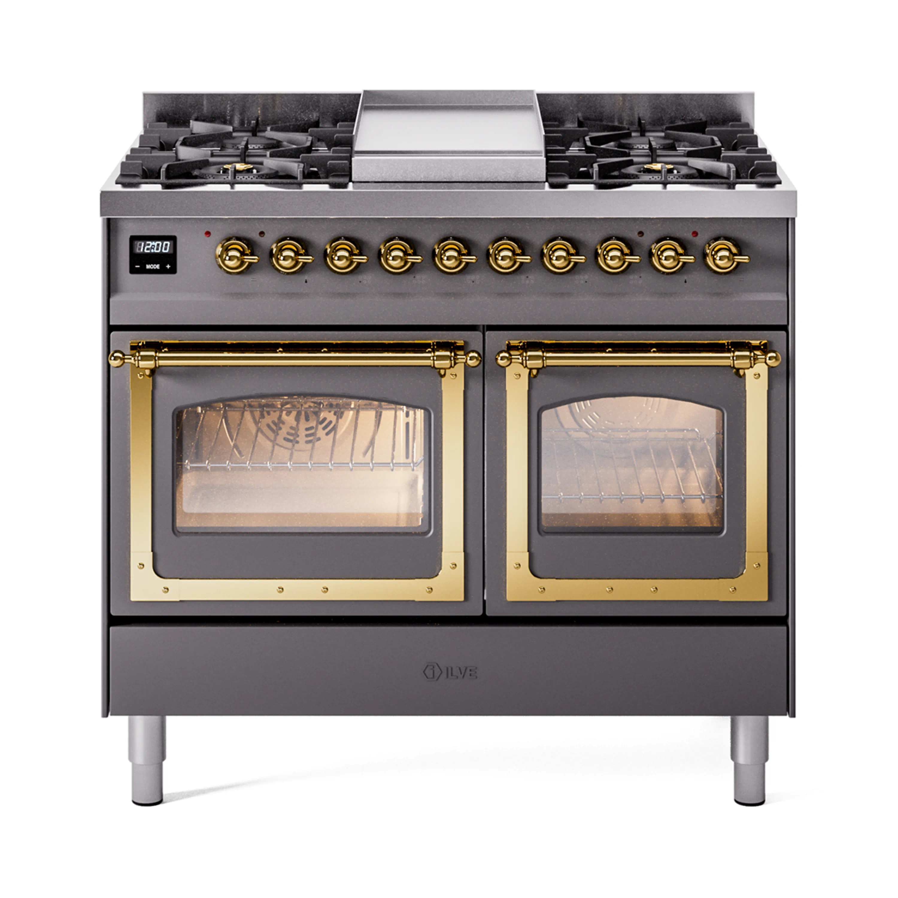 ILVE 40-Inch Nostalgie II Noblesse Dual Fuel Range with Triple Glass Door Oven in Matte Graphite with Brass Trim (UND40FNMPMGG)
