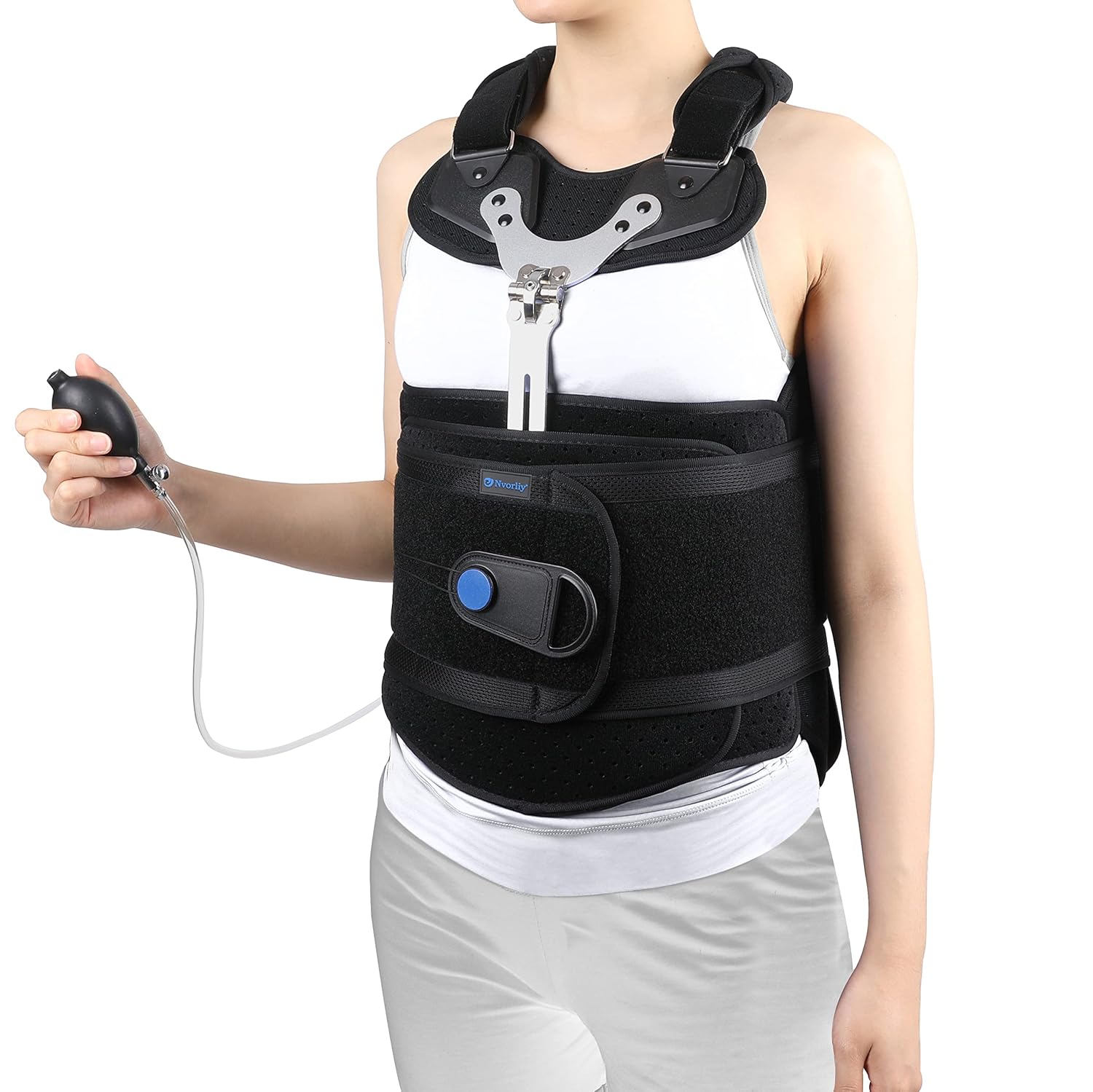 Nvorliy TLSO Full Back Brace for Back Pain Relief - Inflatable Airbag Thoracic Back Brace Orthosis Support for Compression Fracture, Pre or Post Op, Kyphosis, Scoliosis, Osteoporosis (Medium)