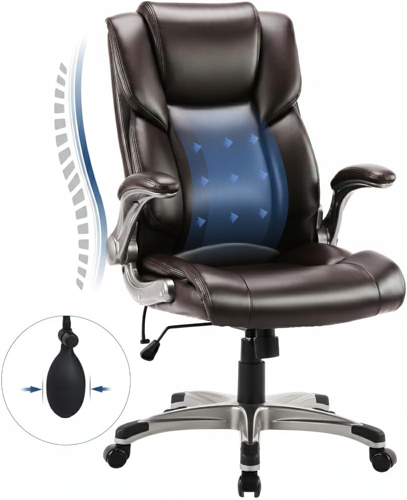 Ergonomic High Back Executive Office Chair with Adjustable Lumbar Support, Leather Office Chair with Flip-up Armrests, Swivel Computer Task Chair for Home Office Workstation, Brown,Set of 2