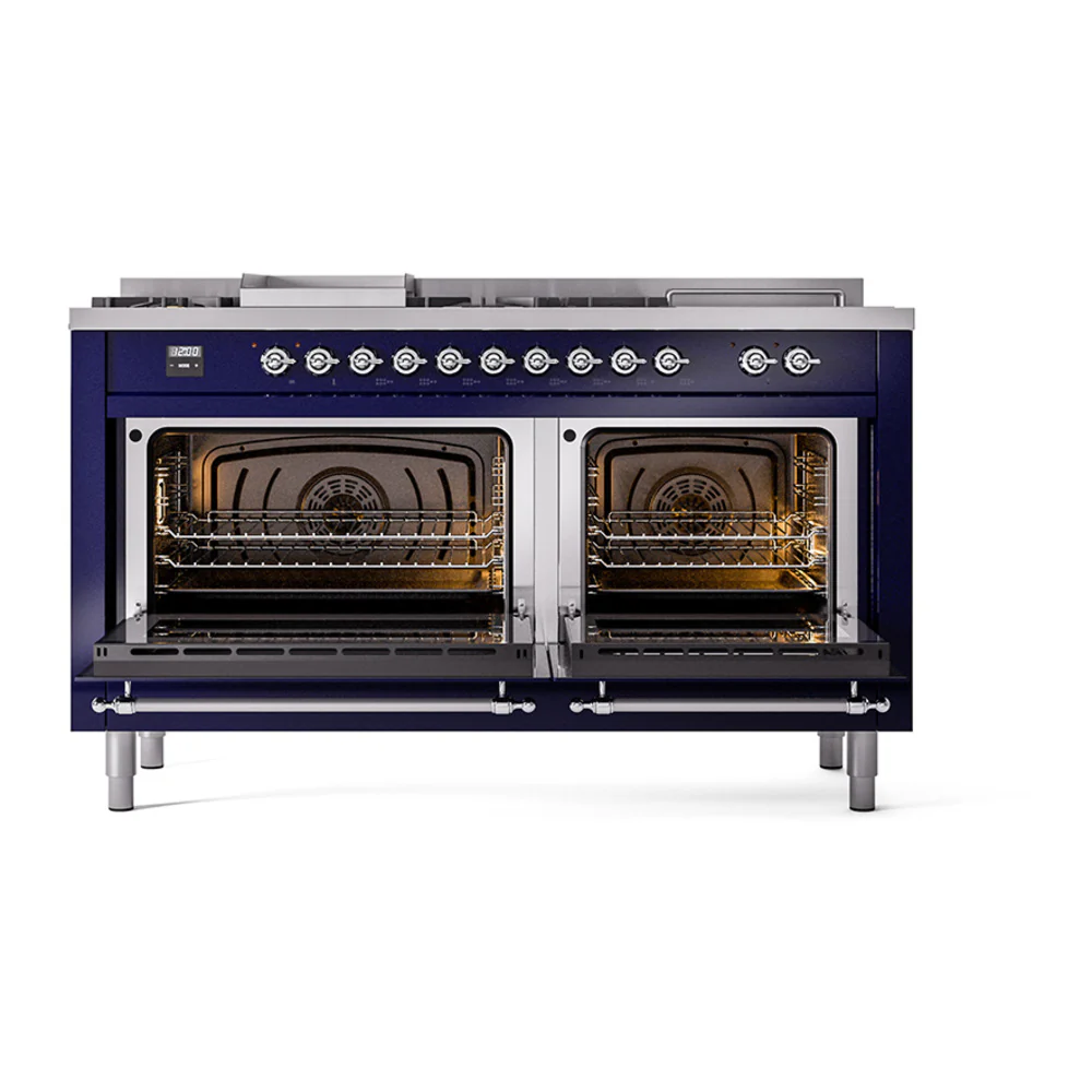 ILVE 60-Inch Nostalgie II Noblesse Dual Fuel Range with 7 Sealed Burners, Gridlde, French Top, and Solid Door Oven in Midnight Blue with Chrome Trim (UN60FSQNMPMBC)