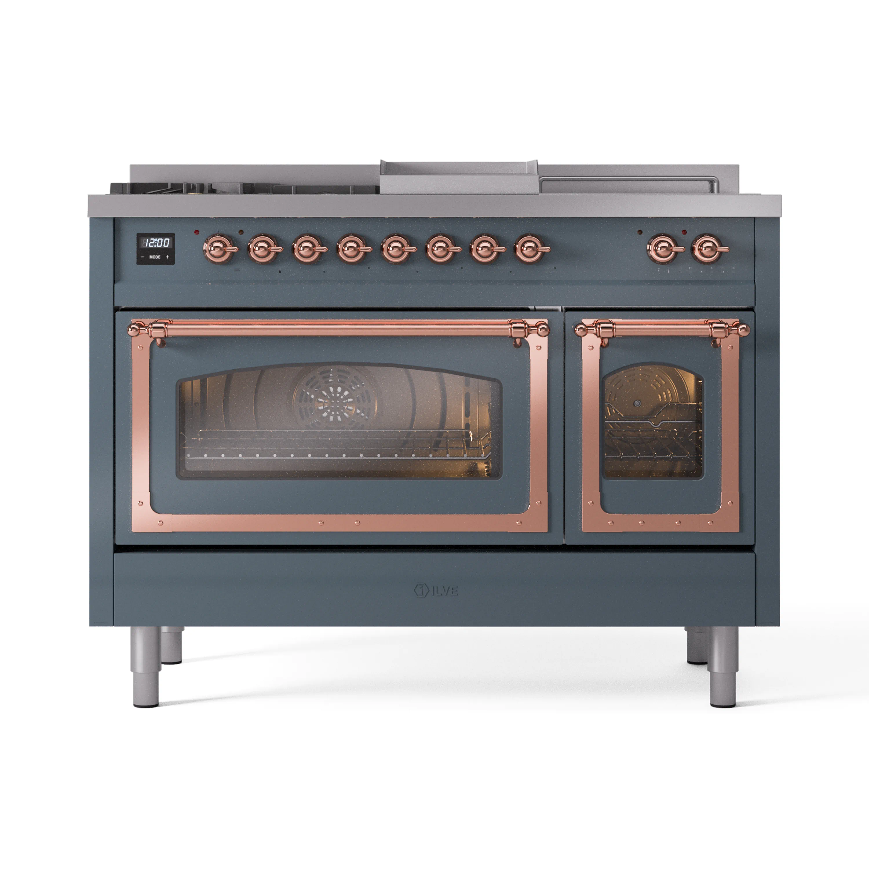 ILVE Nostalgie II Noblesse 48-Inch Dual Fuel Range with 5 Burners, Griddle, & French Top with Triple Glass Door Oven in Blue Grey with Copper Trim (UN48FSNMPBGP)
