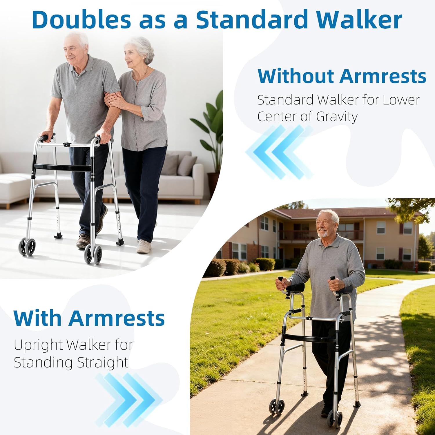 Dual-Wheel Stand Up Walker with Ball Bearing Wheels & Armrest Pad - Aluminum Standard Walker for Seniors, Height Adjustable Platform Walker with Arm Support, Foldable Design with Storage Bag, Silver