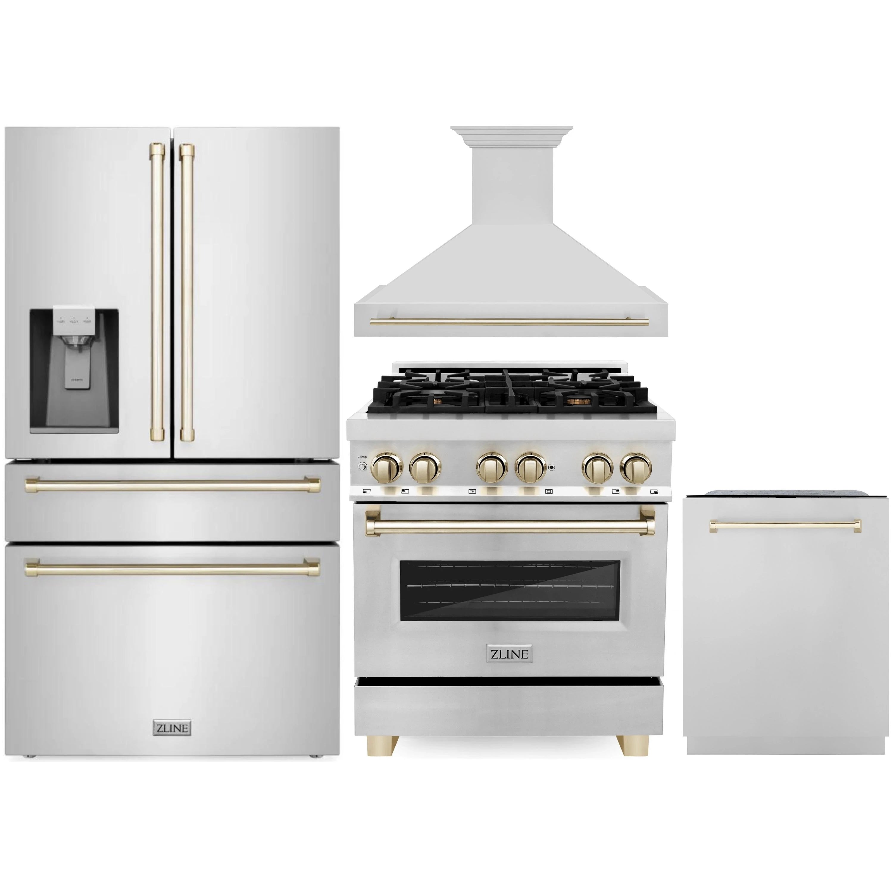 ZLINE Autograph Edition 4-Piece Appliance Package - 30-Inch Dual Fuel Range, Refrigerator with Water Dispenser, Wall Mounted Range Hood, & 24-Inch Tall Tub Dishwasher in Stainless Steel with Gold Trim (4AKPR-RARHDWM30-G)