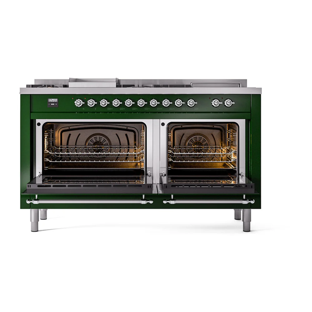 ILVE 60-Inch Nostalgie II Noblesse Dual Fuel Range with 7 Sealed Burners, Gridlde, French Top, and Solid Door Oven in Emerald Green with Chrome Trim (UN60FSQNMPEGC)