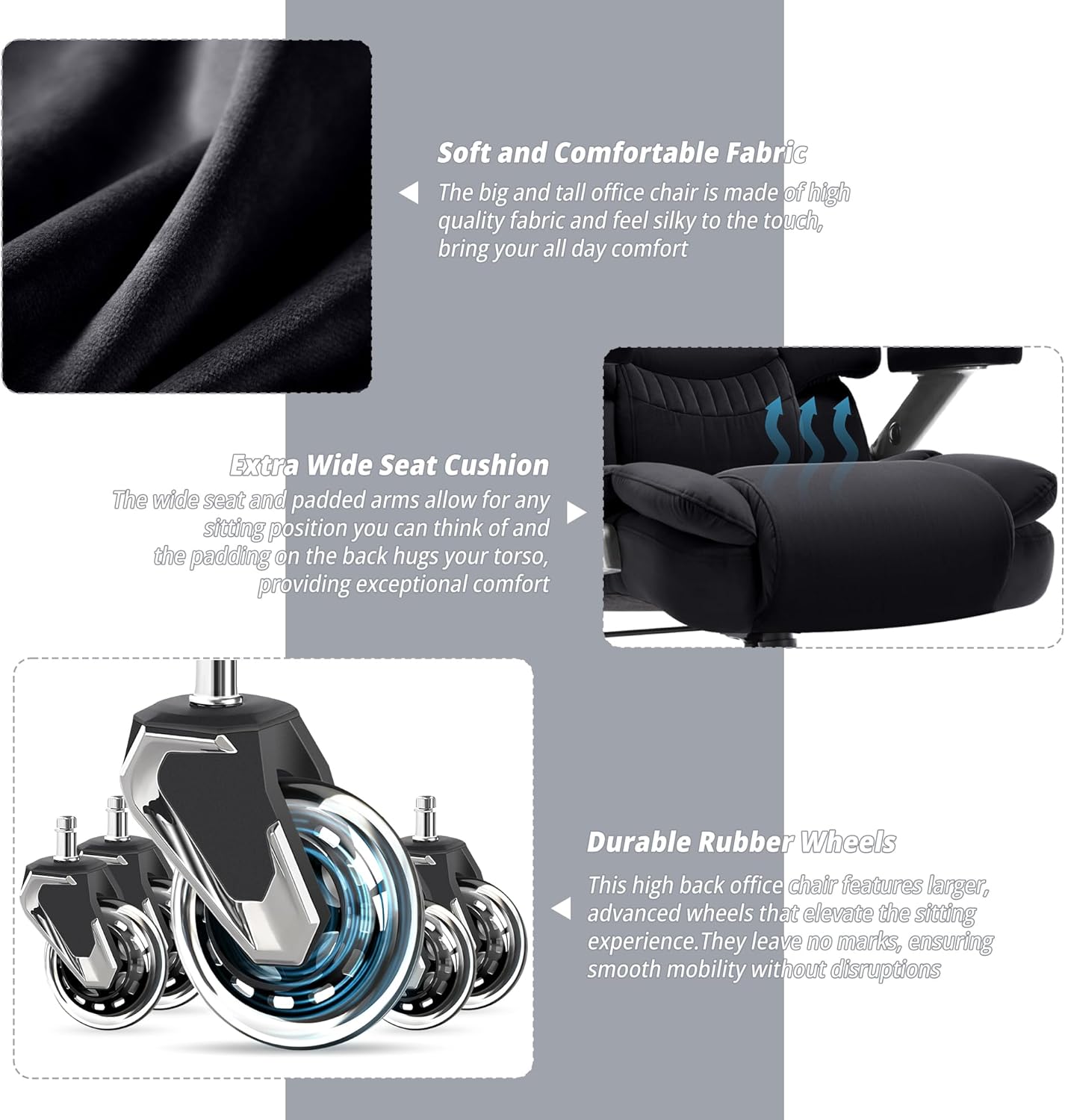 Fabric Big and Tall Office Chair 700lbs-High Back Executive Cloth Computer Chair with Adjustable Lumbar Support 3D Flip Arms Plus Size Rubber Wheels-Extra Wide Large Desk Chairs, Heavy Duty Metal Base