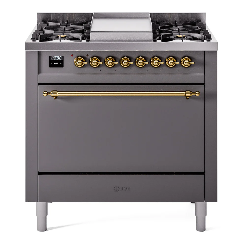 ILVE 36-Inch Nostalgie II Dual Fuel Range with 6 Burners and Solid Door Oven in Matte Graphite with Brass Trim (UP36FQNMPMGG)