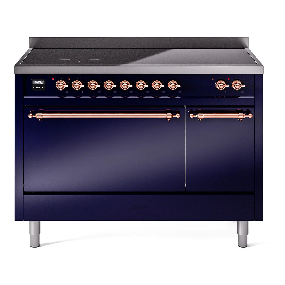 ILVE 48-Inch Nostalgie II Induction Range with Solid Door Oven in Midnight Blue with Copper Trim (UPI486QNMPMBP)