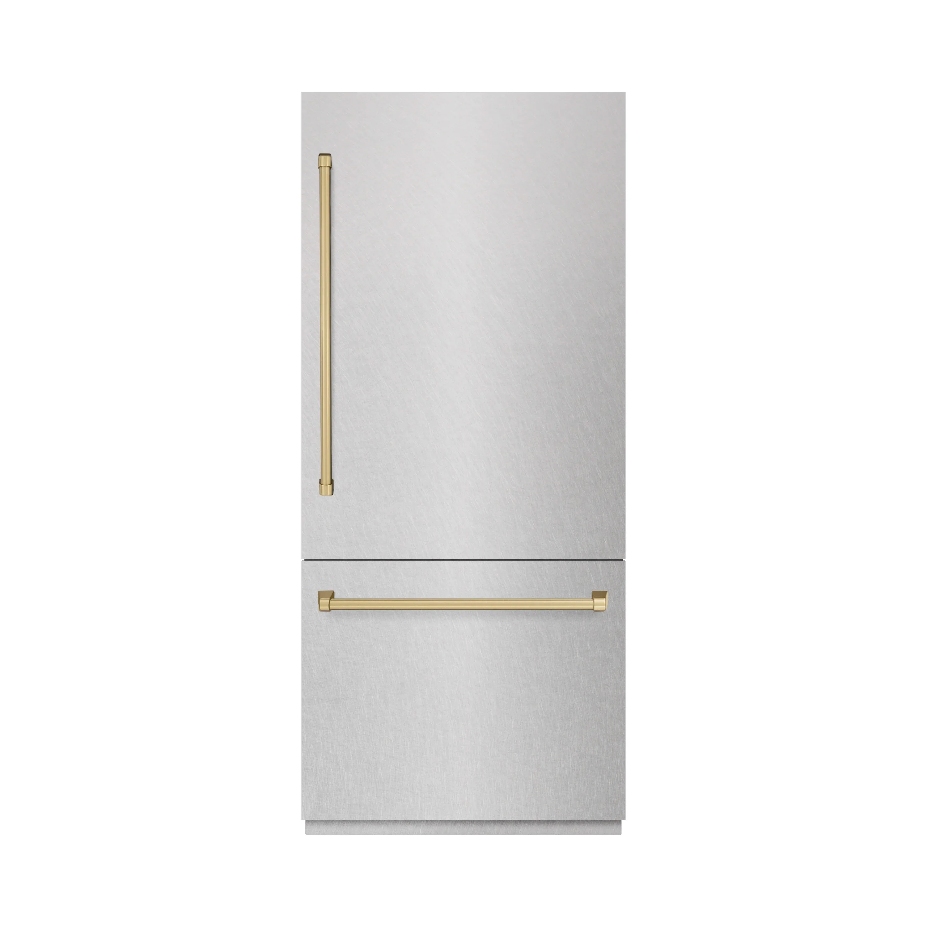 ZLINE Autograph Edition 36-Inch 19.8 Cu. Ft. Built-In Bottom Freezer Refrigerator with Water Dispenser and Ice Maker in Satin Stainless Steel and Champagne Bronze Accents (RBITZ-SN-36-CB)