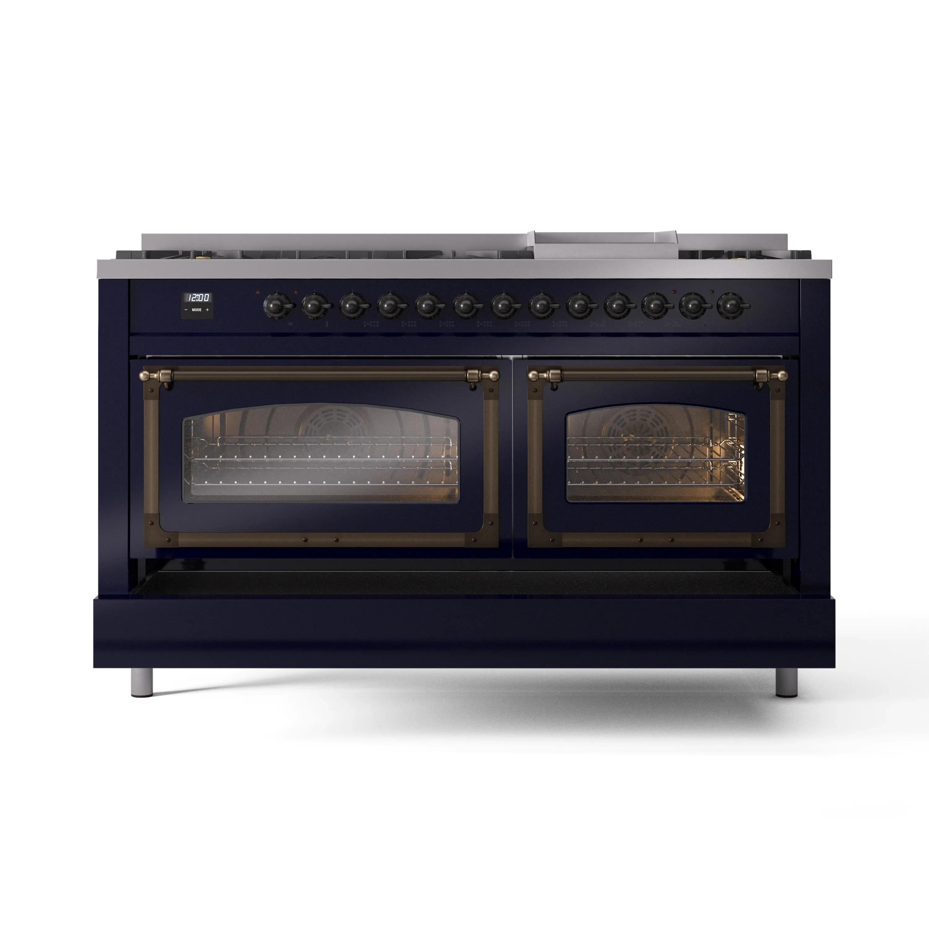 ILVE 60-Inch Nostalgie II Noblesse Dual Fuel Range with 9 Sealed Burners, Griddle, Triple Glass Door Oven in Midnight Blue with Bronze Trim (UN60FNMPMBB)