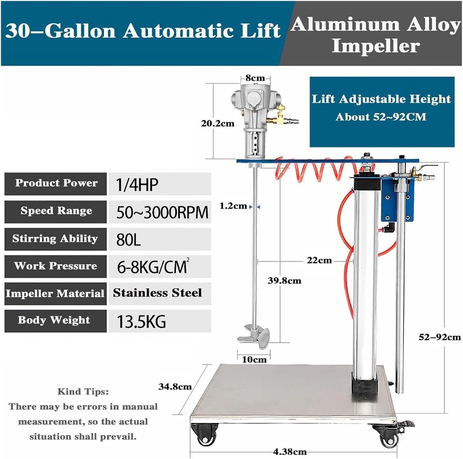 30 Gallon Paint Mixer Machine, 1/4HP Automatic Lifting Air Agitator, Pneumatic Mixing Machine with Stand, Height Adjustable(Aluminum Alloy Blade)