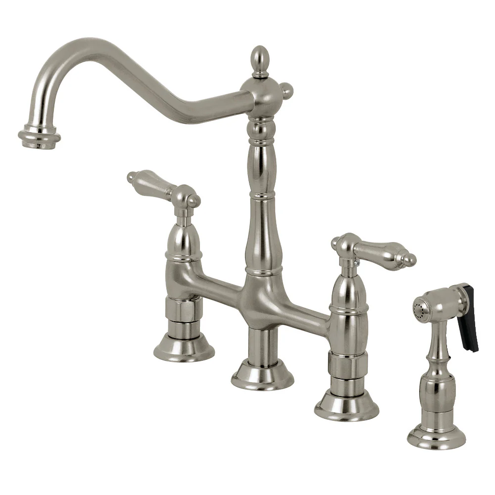 Kingston Brass Heritage Bridge Kitchen Faucet with Brass Side Sprayer, Brushed Nickel (KS1278ALBS)