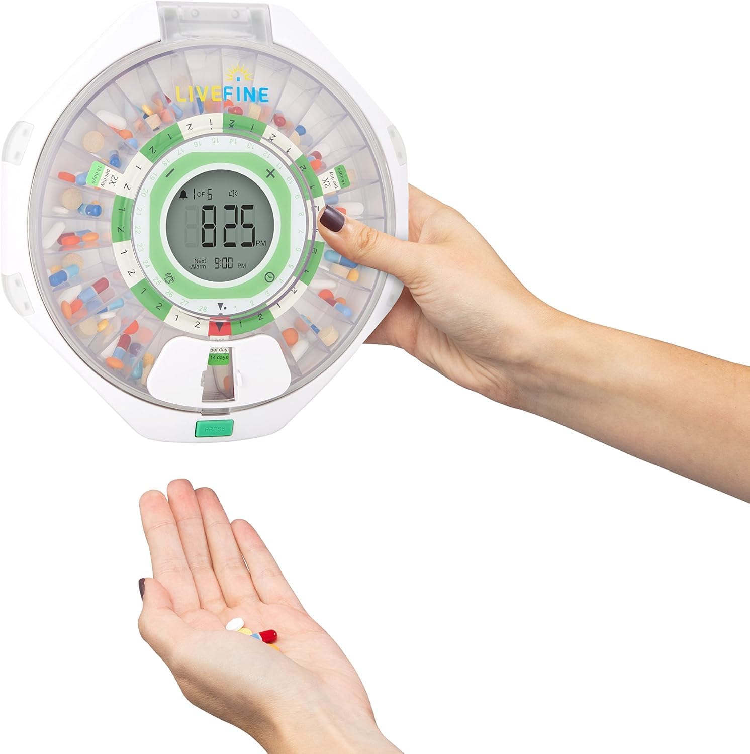 Live Fine 28-Day Automatic Pill Dispenser Clear Lid with Upgraded LCD Display and Key Lock, Sound & Light for Prescriptions, Medication, Vitamins, Supplements & More