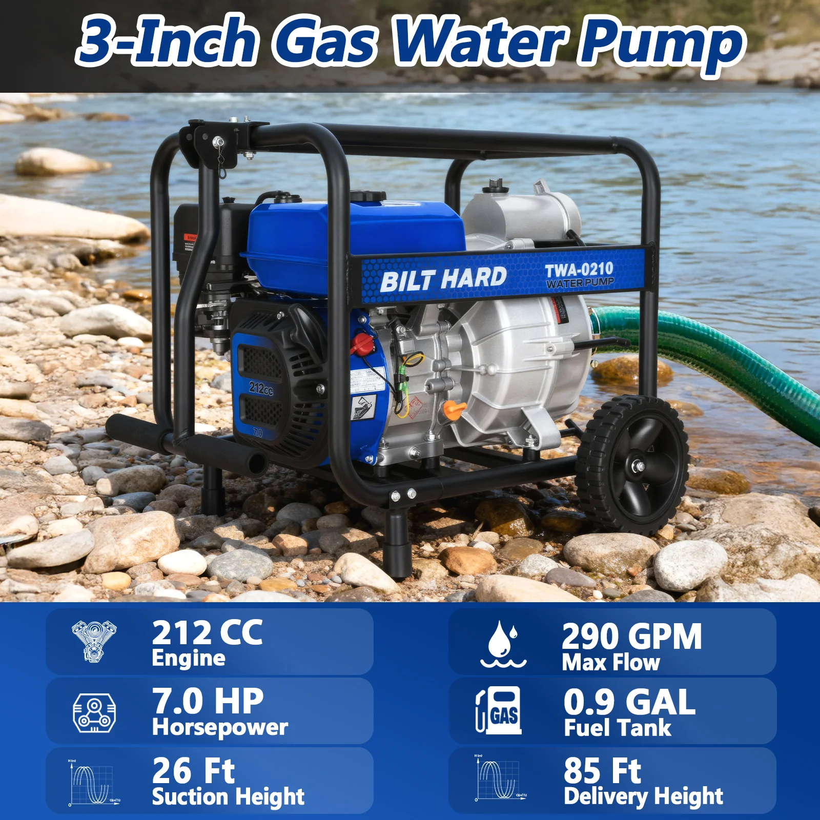 BILT HARD 3 Inch Trash Pump, 290 GPM 7HP Gas Powered Water Pump, 212cc 4-Cycle Engine with Handle and Wheels, 50 ft Discharge Hose, 15 ft Suction Hose with Complete Fittings, EPA Certified