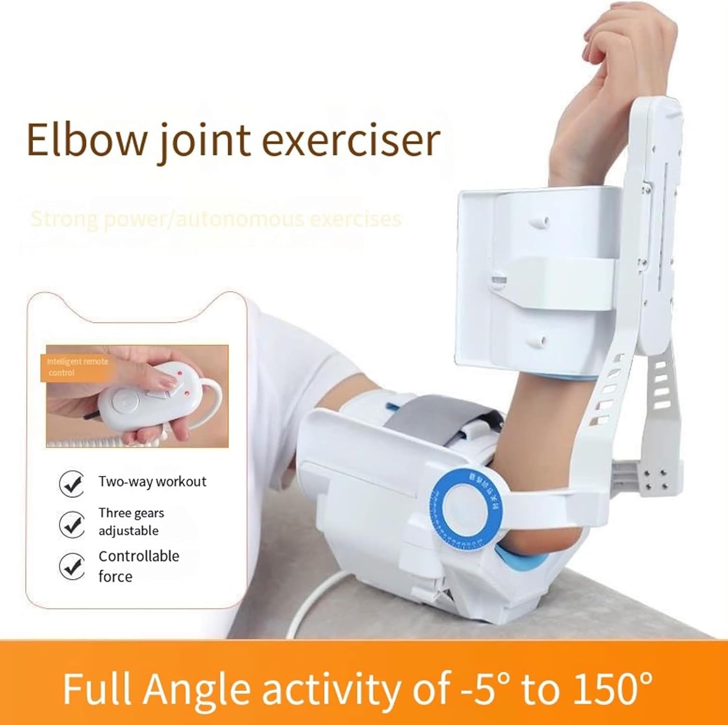 Electric Elbow Joint Rehabilitation Device, Hinged Elbow Brace Arm Exerciser, -5~150°Full-Angle Exercise and Adjustable Speed with Remote, for After Arm Fracture and Hemiplegia