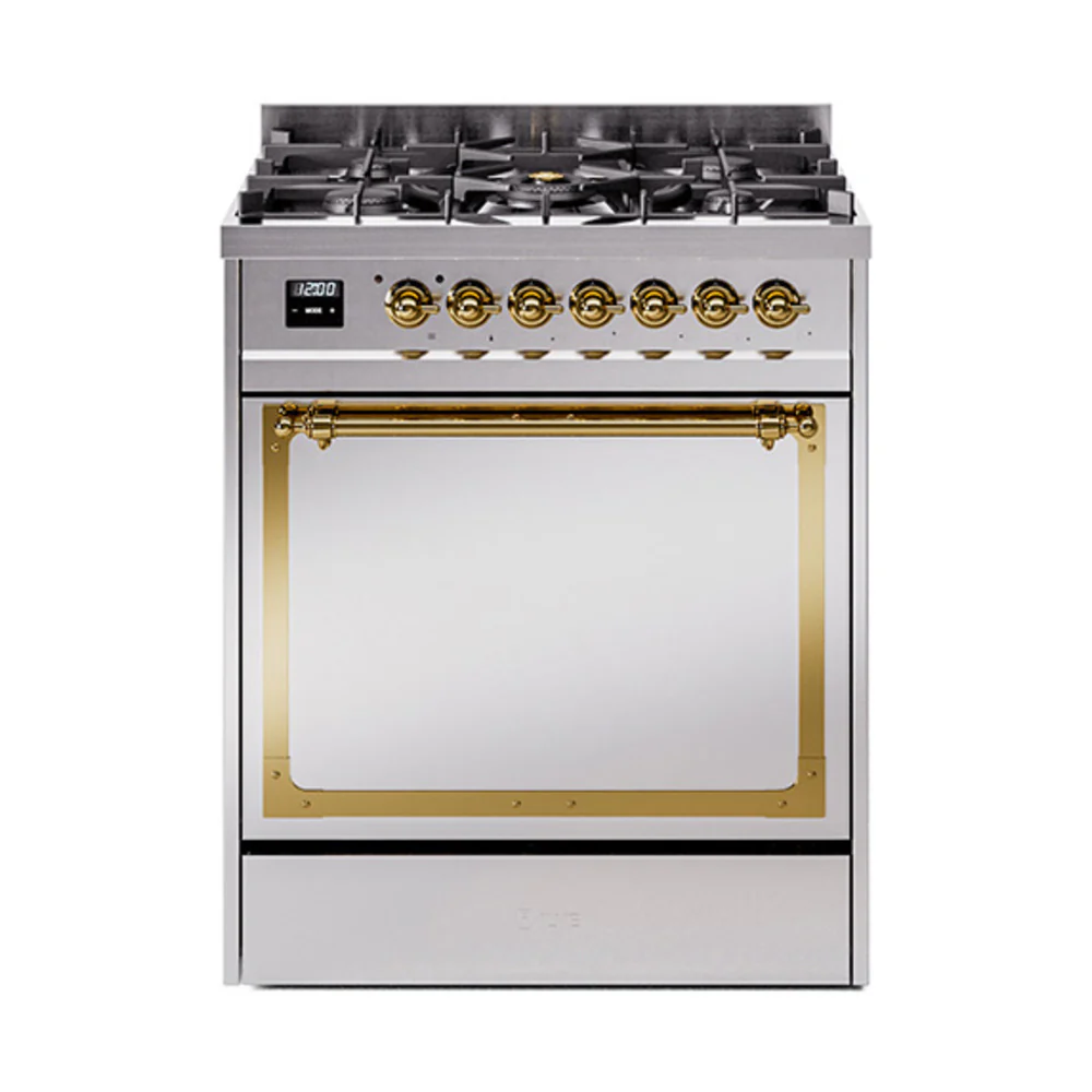 ILVE Nostalgie II Noblesse 30-Inch Dual Fuel Range with Solid Door in Stainless Steel with Brass Trim (UN30QNMPSSG)