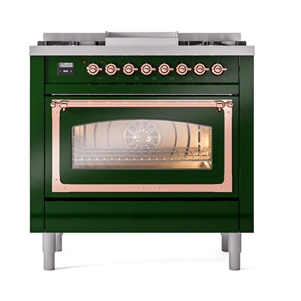 ILVE Nostalgie II Noblesse 36-Inch Dual Fuel Range and Triple Glass Door in Emerald Green with Copper Trim (UN36FNMPEGP)