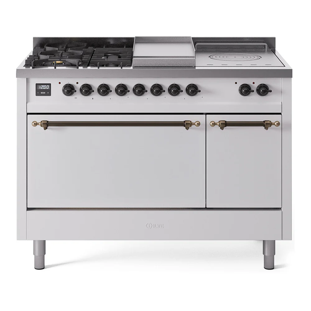 ILVE Nostalgie II 48-Inch Dual Fuel Range with 5 Burners, Griddle, & French Top, with Solid Door Oven in White with Bronze Trim (UP48FSQNMPWHB)