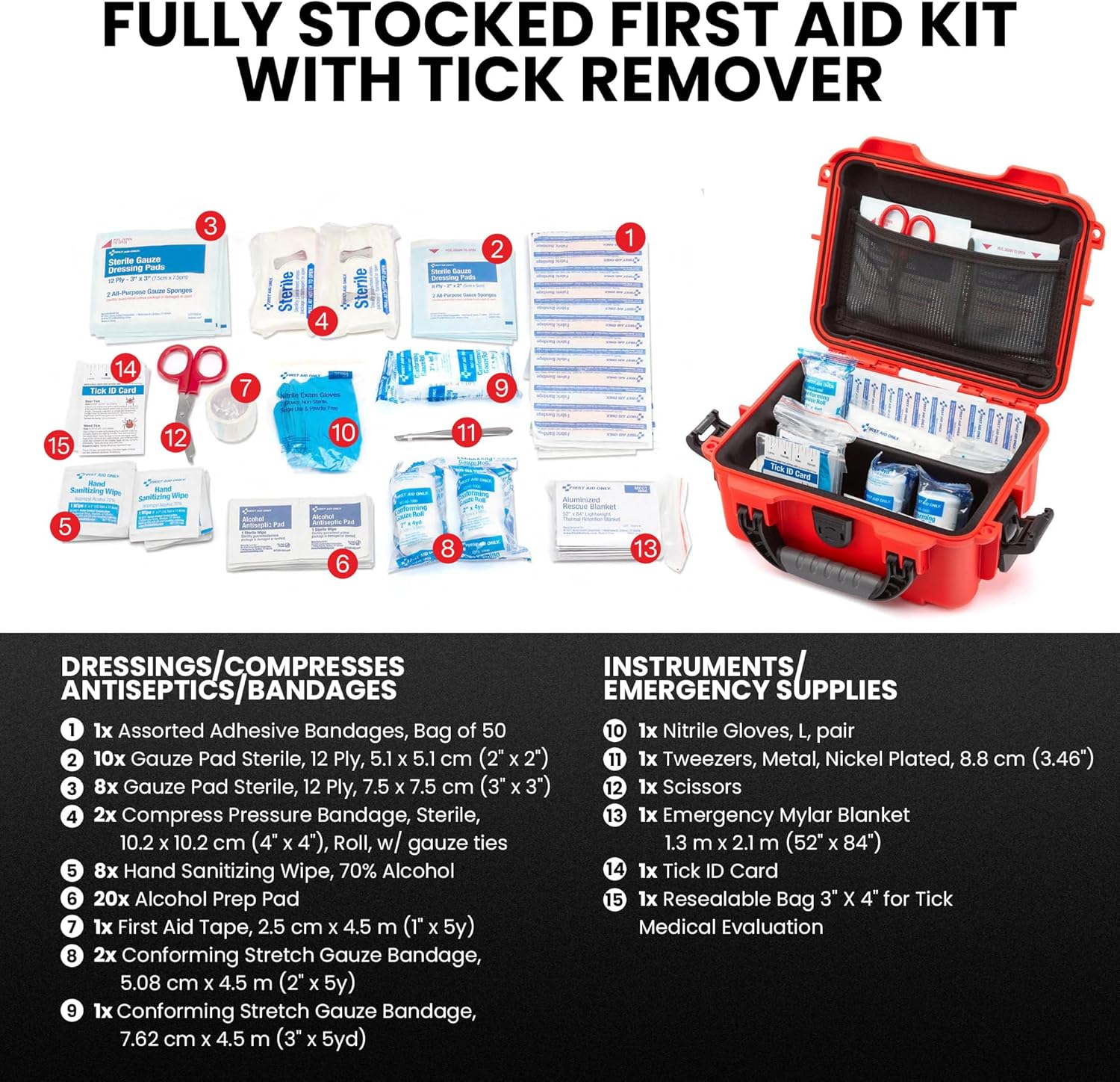 NANUK 904 Waterproof First Aid Kit 110pcs – Durable, Pre-Stocked First Aid Emergency Kit with Bandages, Tick Removal Tool, and More – Dustproof, Impact-Resistant, Floats (10.2