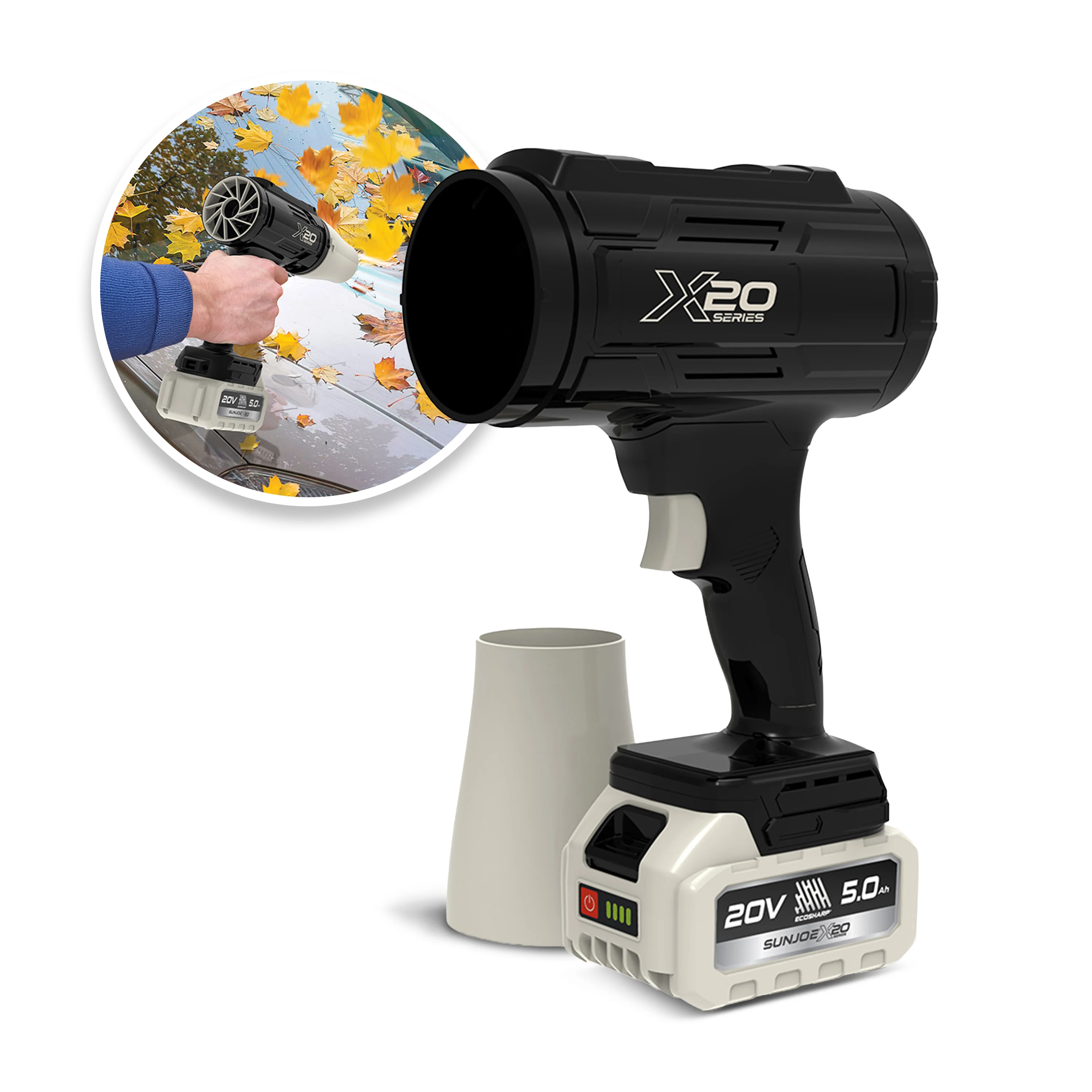 Sun Joe GO-SRMJET-5A-BLK 20-Volt ECOSHARP Cordless X20 StormJet Handheld Turbo Blower  | 40 CFM | 5.0-Ah Battery + Charger (Black)