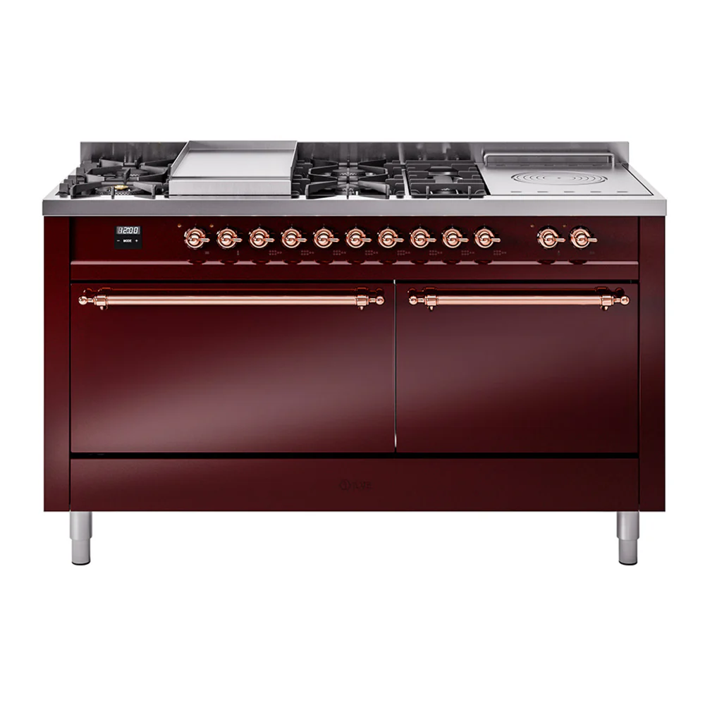 ILVE Nostalgie II 60-Inch Dual Fuel Range with 7 Burners, Griddle, & French Top with Solid Door Oven in Burgundy with Copper Trim (UP60FSQNMPBUP)