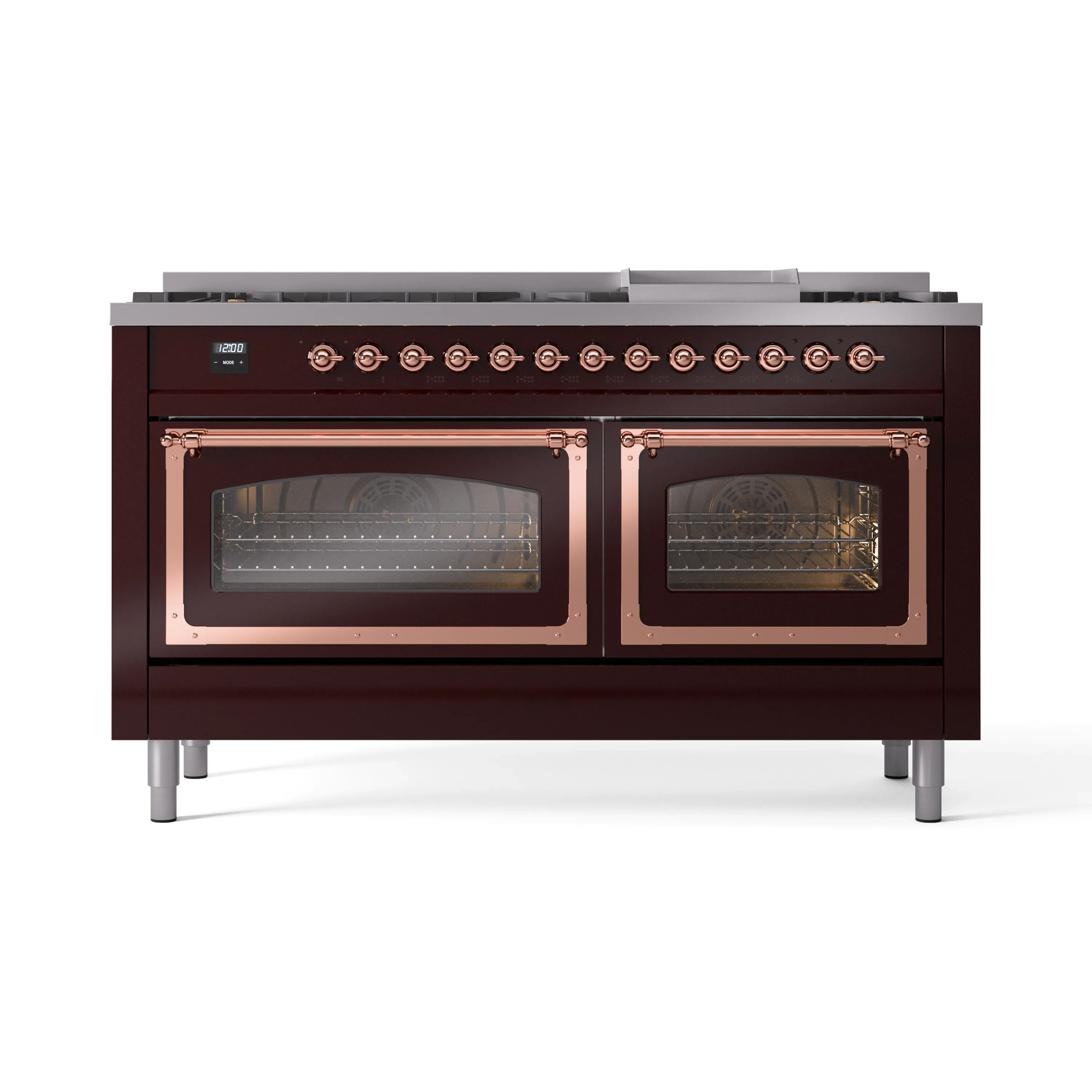 ILVE 60-Inch Nostalgie II Noblesse Dual Fuel Range with 9 Sealed Burners, Griddle, Triple Glass Door Oven in Burgundy with Copper Trim (UN60FNMPBUP)