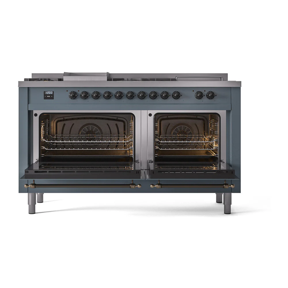 ILVE 60-Inch Nostalgie II Noblesse Dual Fuel Range with 7 Sealed Burners, Gridlde, French Top, and Solid Door Oven in Blue Grey with Bronze Trim (UN60FSQNMPBGB)