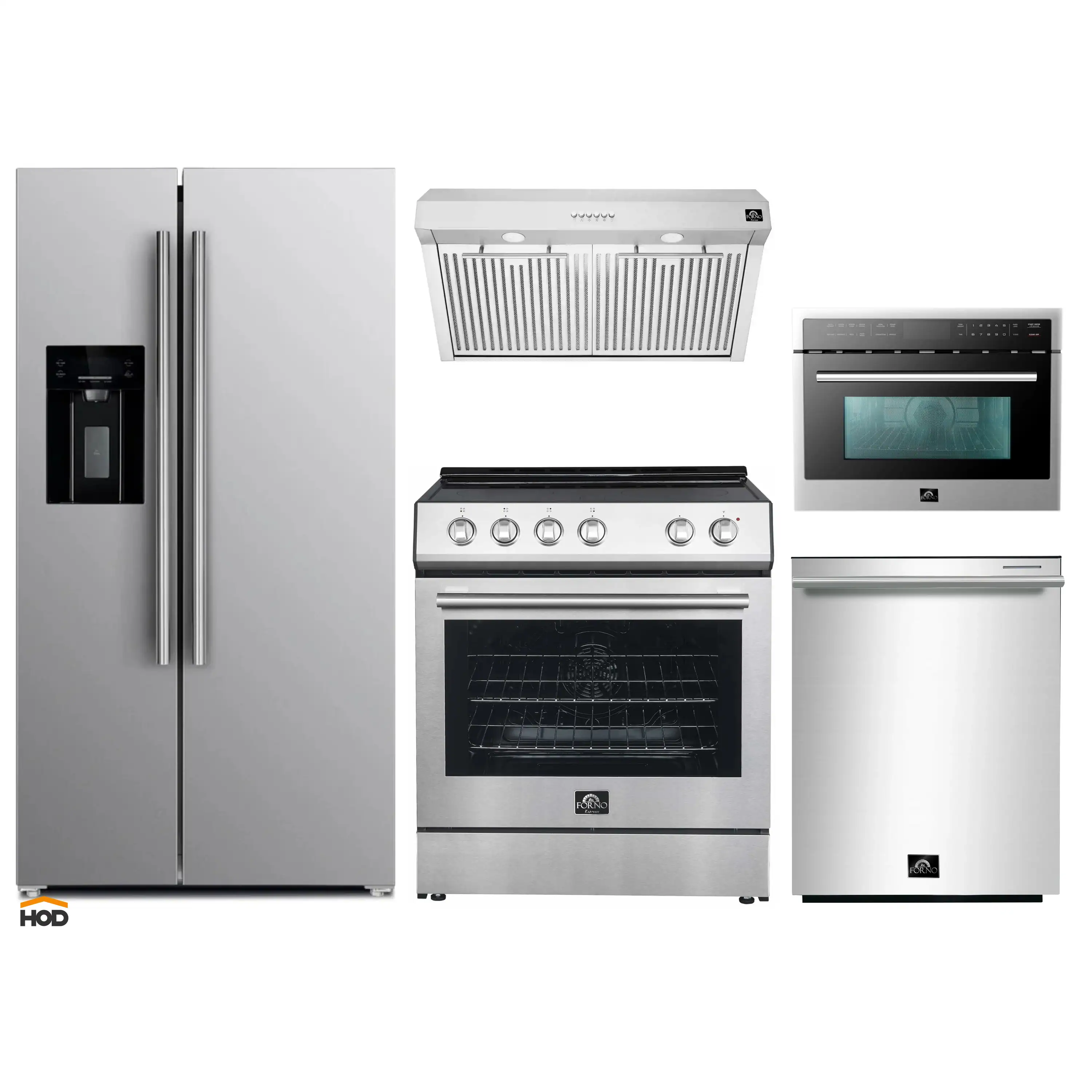 Forno 5-Piece Appliance Package - 30-Inch Electric Range, Under Cabinet Range Hood, Refrigerator with Water Dispenser, Dishwasher, and 24-Inch Microwave Oven in Stainless Steel