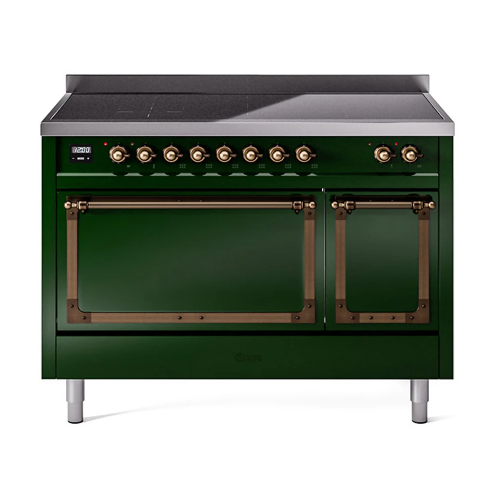 ILVE Nostalgie II Noblesse 48-Inch Induction Range with Solid Door Oven in Emerald Green with Bronze Trim (UNI486QNMPEGB)
